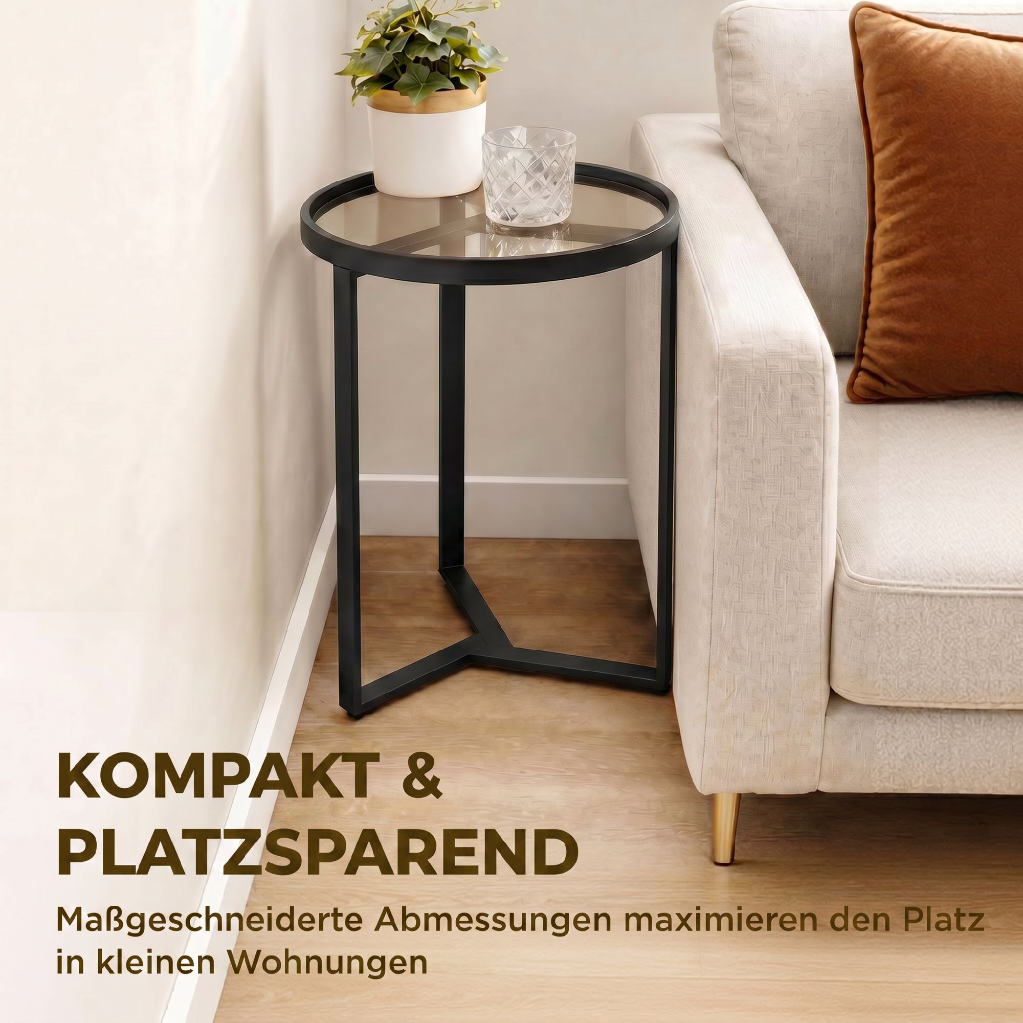 Runder Beistelltisch mit gehärteter Glasplatte und geometrischem Metallgestell für kleine Räume, Schwarz