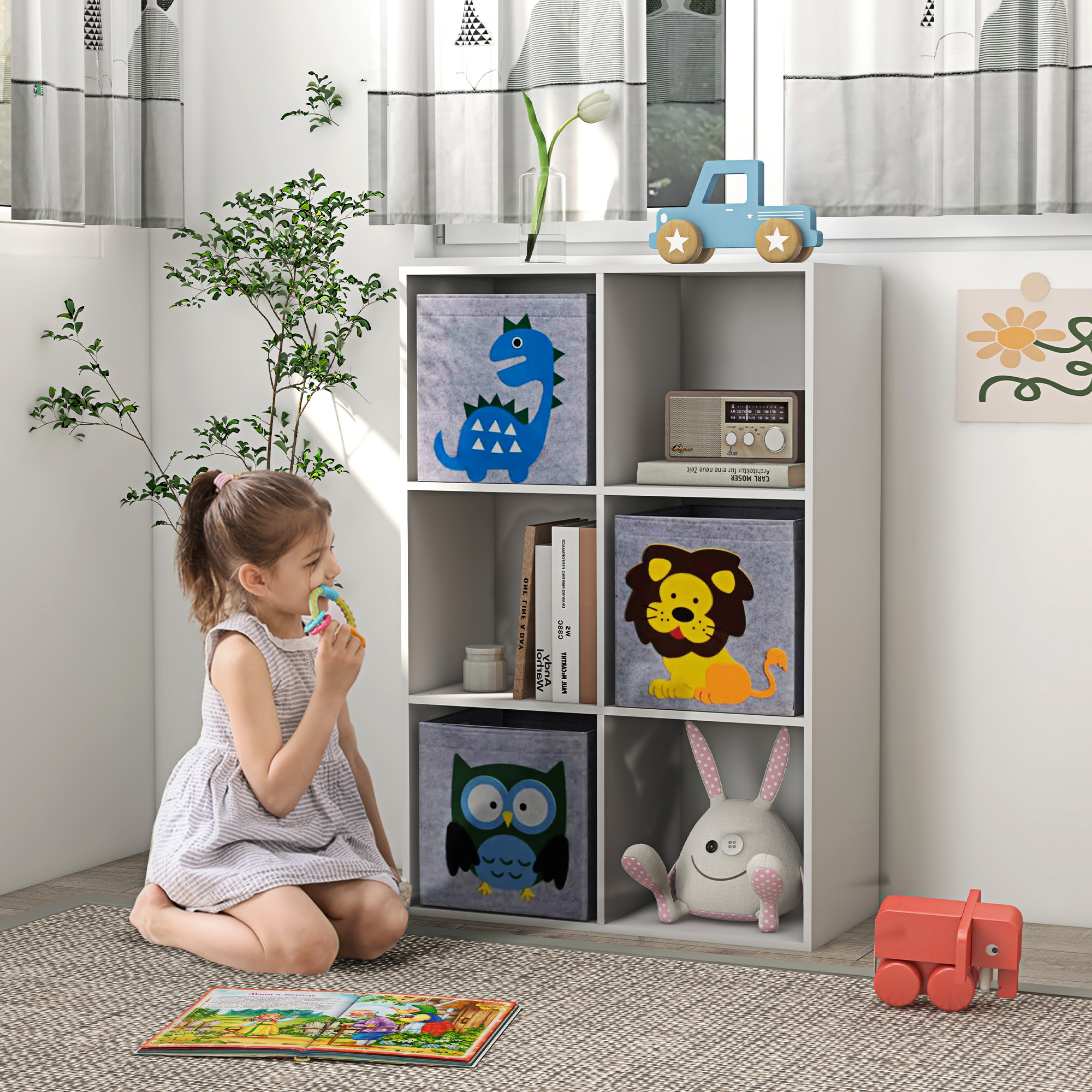 Aufbewahrungsregal für Kinder, Würfel, Schubladen, MDF, Kippschutz, Weiß