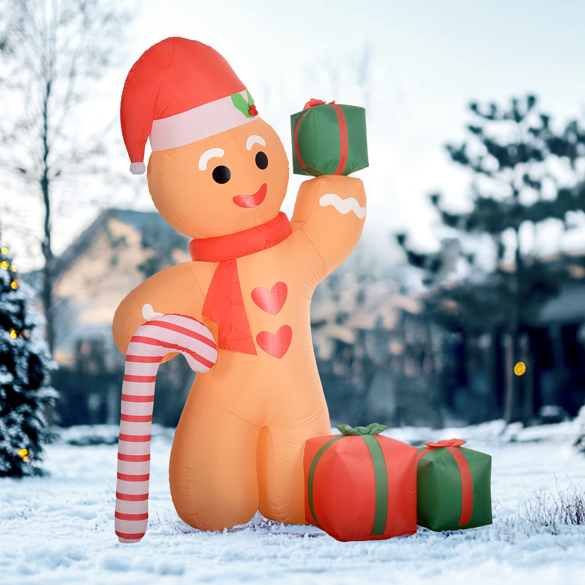 Lebkuchenmann mit Zuckerstange, 2,45 m groß, aufblasbar, weiße LED-Beleuchtung, 170 x 100 x 245 cm