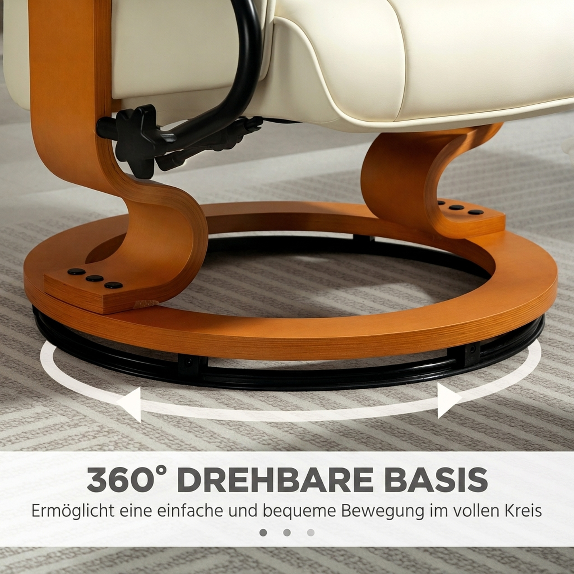 Relaxsessel mit Hocker, drehbar & neigbar, Kunstlederbezug, bis 150 kg, Holzgestell, Cremeweiß