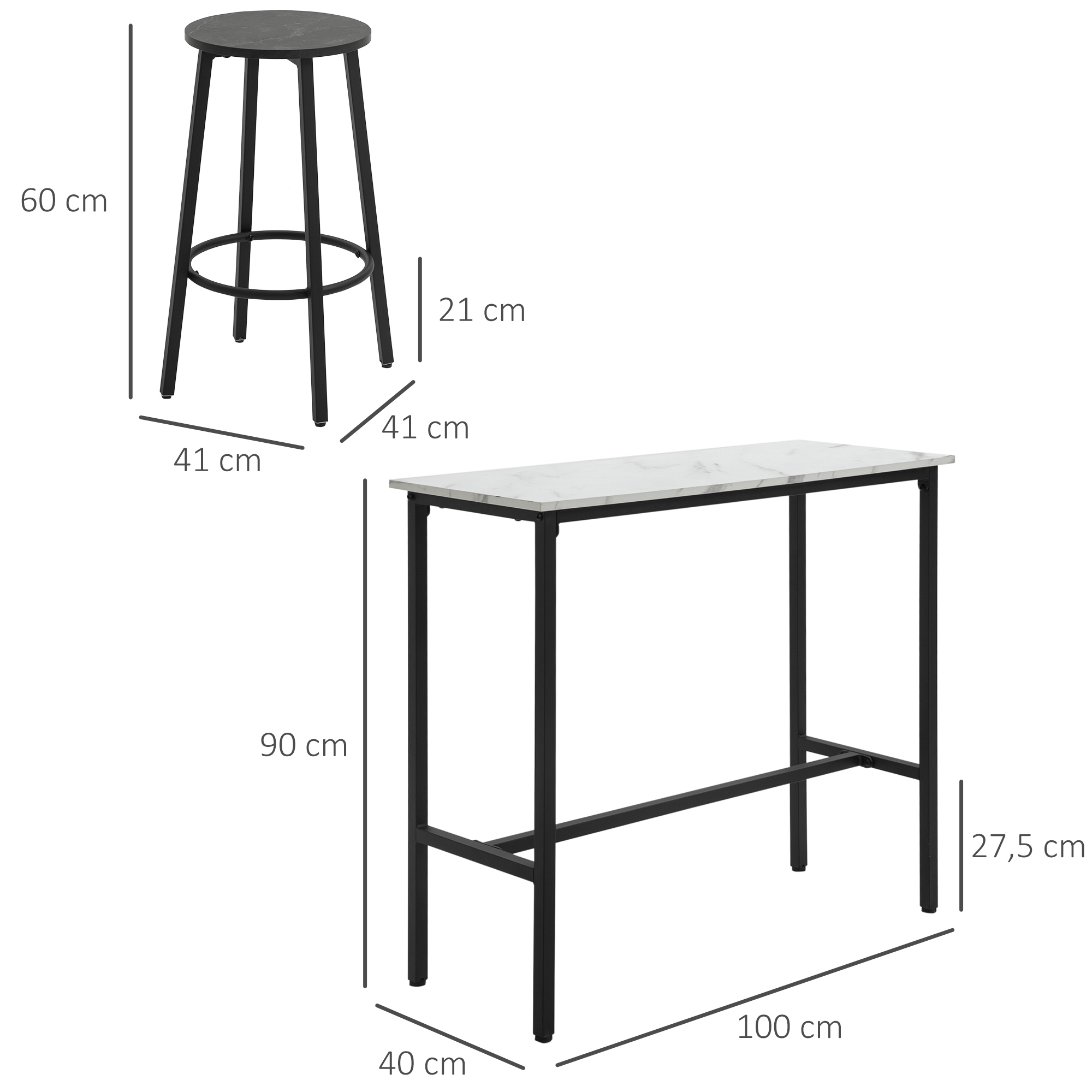 Bar-Set für 2 Personen, 1 Tisch mit 2 Barhockern, Tischplatte in weißer Marmoroptik, Stahlrahmen