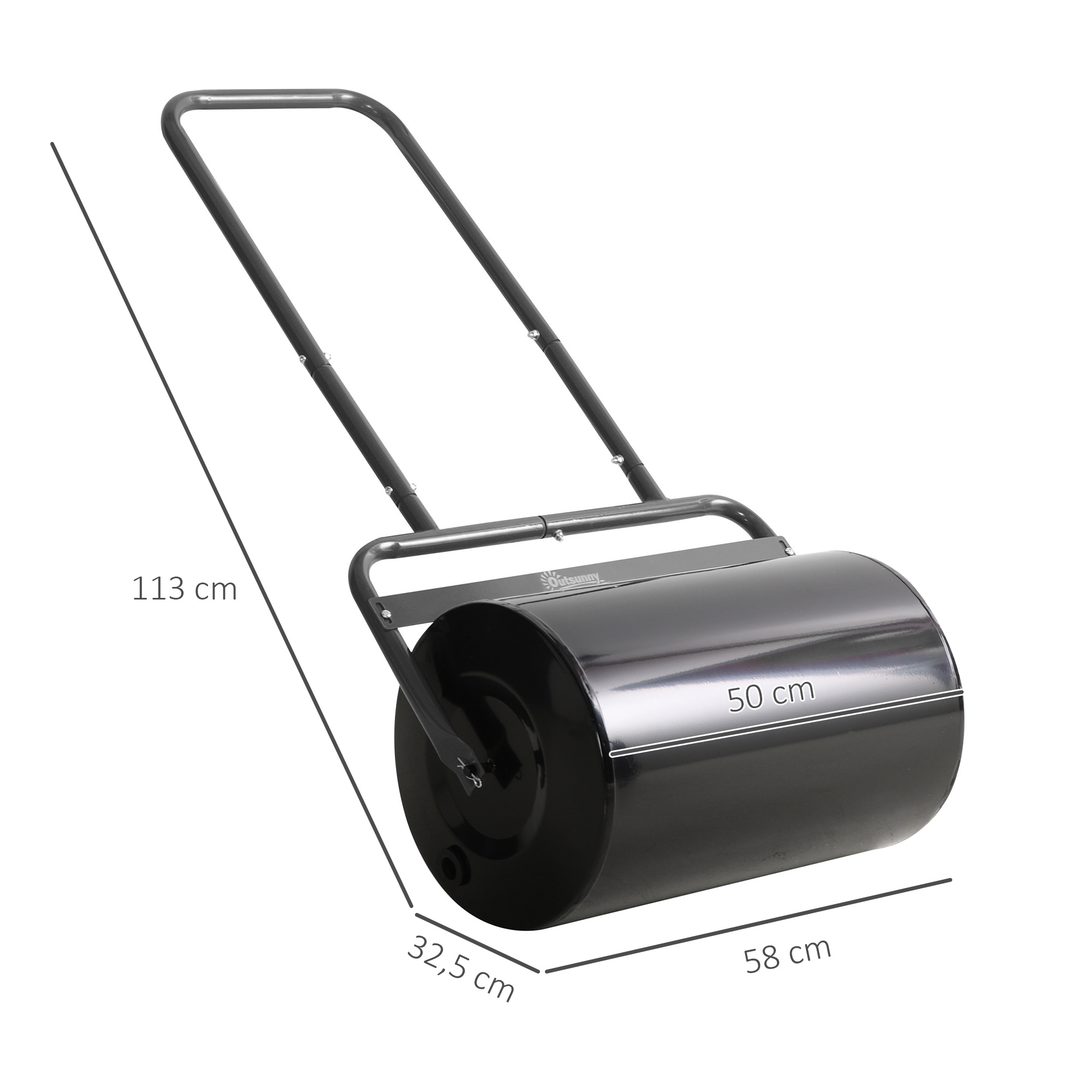 Rasenwalze mit U-Griff, Gartenwalze, Gartenrolle, 32 cm Durchmesser, 38 L Wasser-/62 kg Sand, Metall, Schwarz, 58 x 32,5 x 113 cm