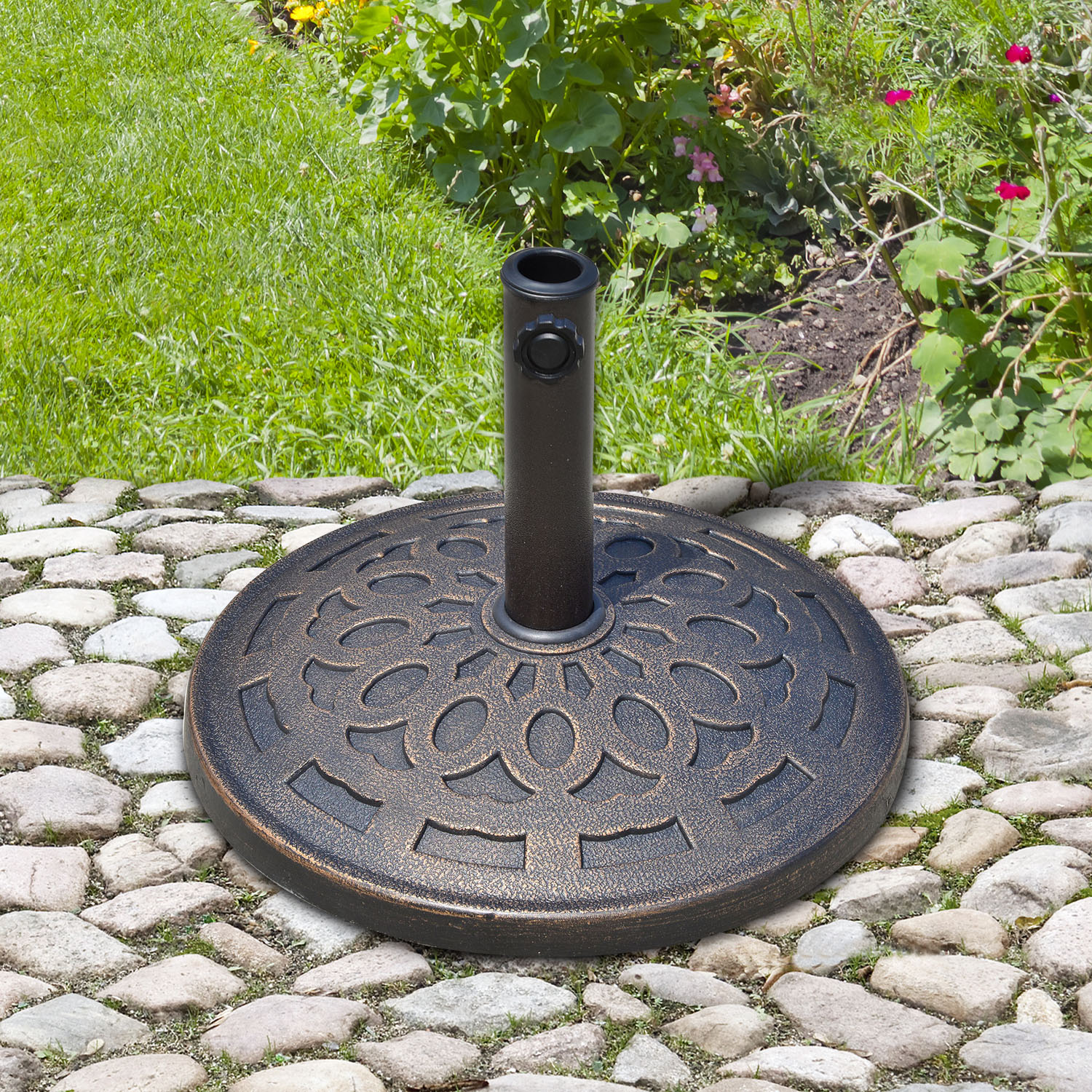 Sonnenschirmständer aus Harz 14kg Schirmständer Griffe, Rund Schirmhalter, Schirmgewicht für Sonnenschirm 38mm/48mm Rohrdurchmesser, für Balkon, Terasse, Garten, Bronze
