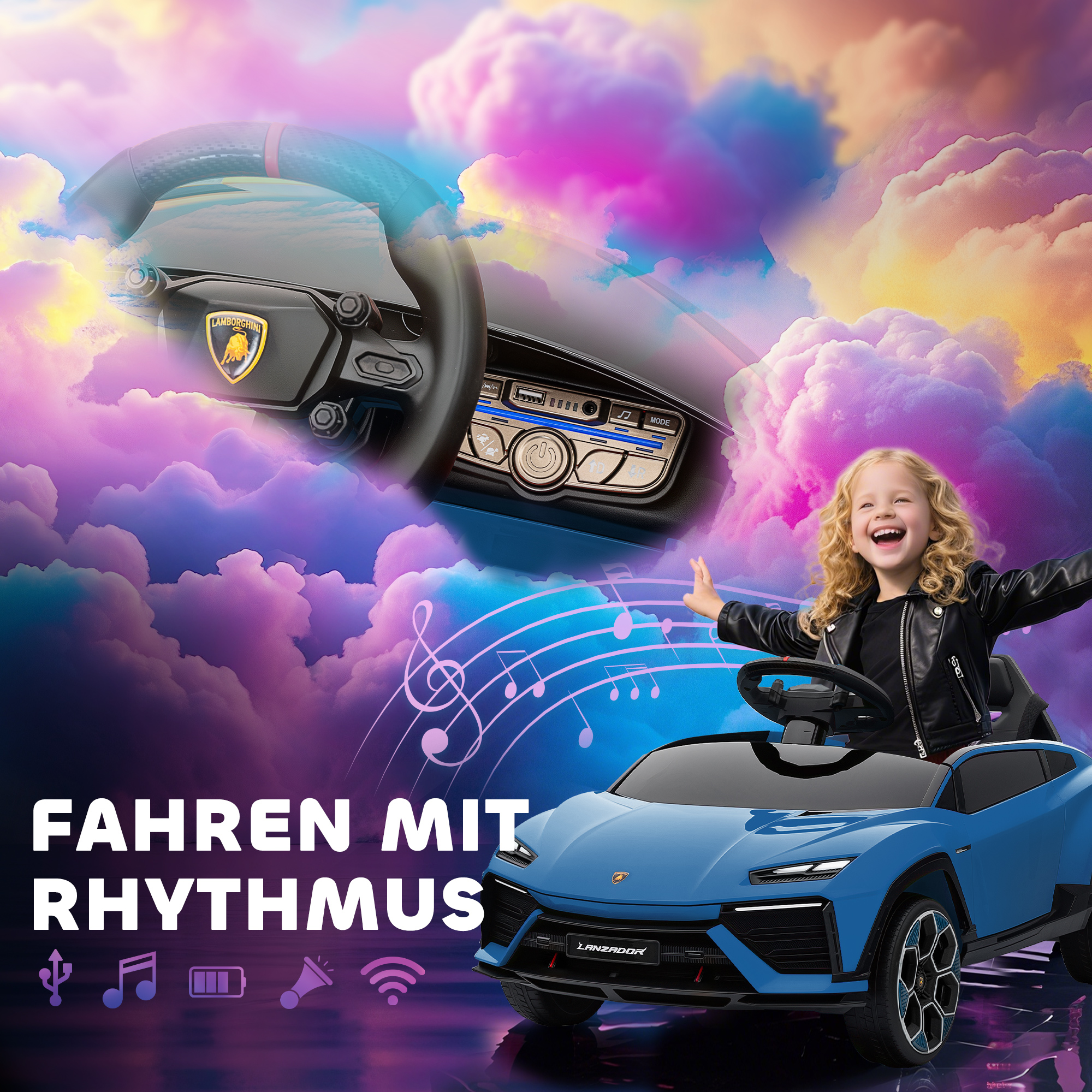 Kinder Elektroauto 12V Kinderauto mit 2,4 GHz Fernbedienung, 2 Motor, Hupe, LED, Musik, 101,5 x 49 x 43 cm, Blau