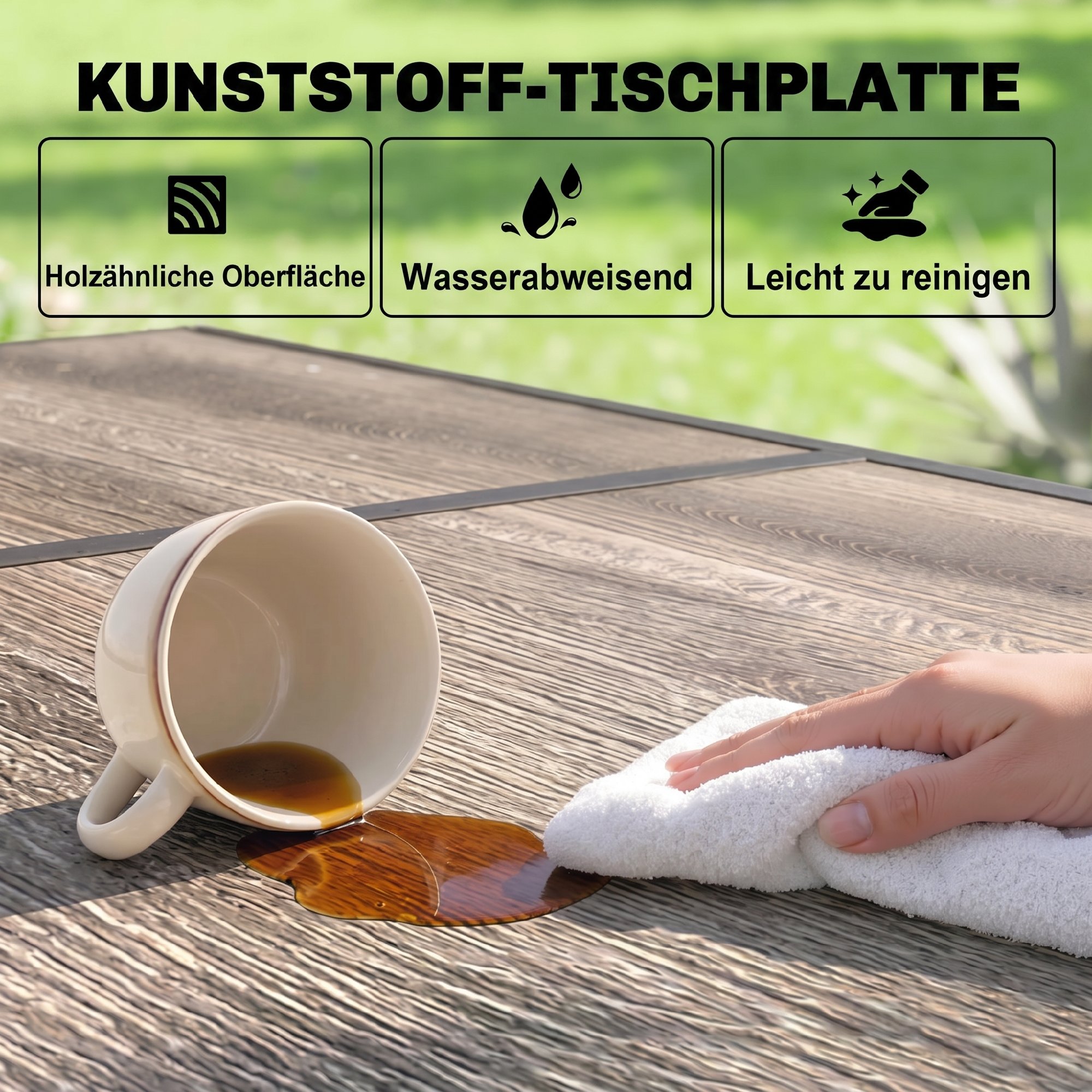 Outdoor Tisch für 6 Personen, Holzoptik, Metallrahmen, wetterfest, 145 x 85 x 72 cm, Grau