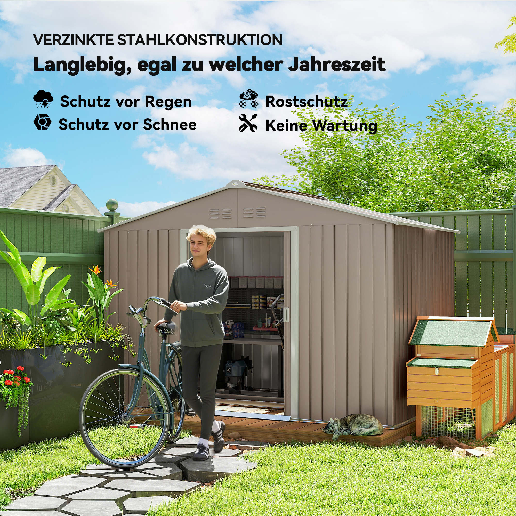 Geräteschuppen aus Metall mit Schiebetüren und Belüftungsfenstern, 277 x 195 x 192 cm, Hellgrau