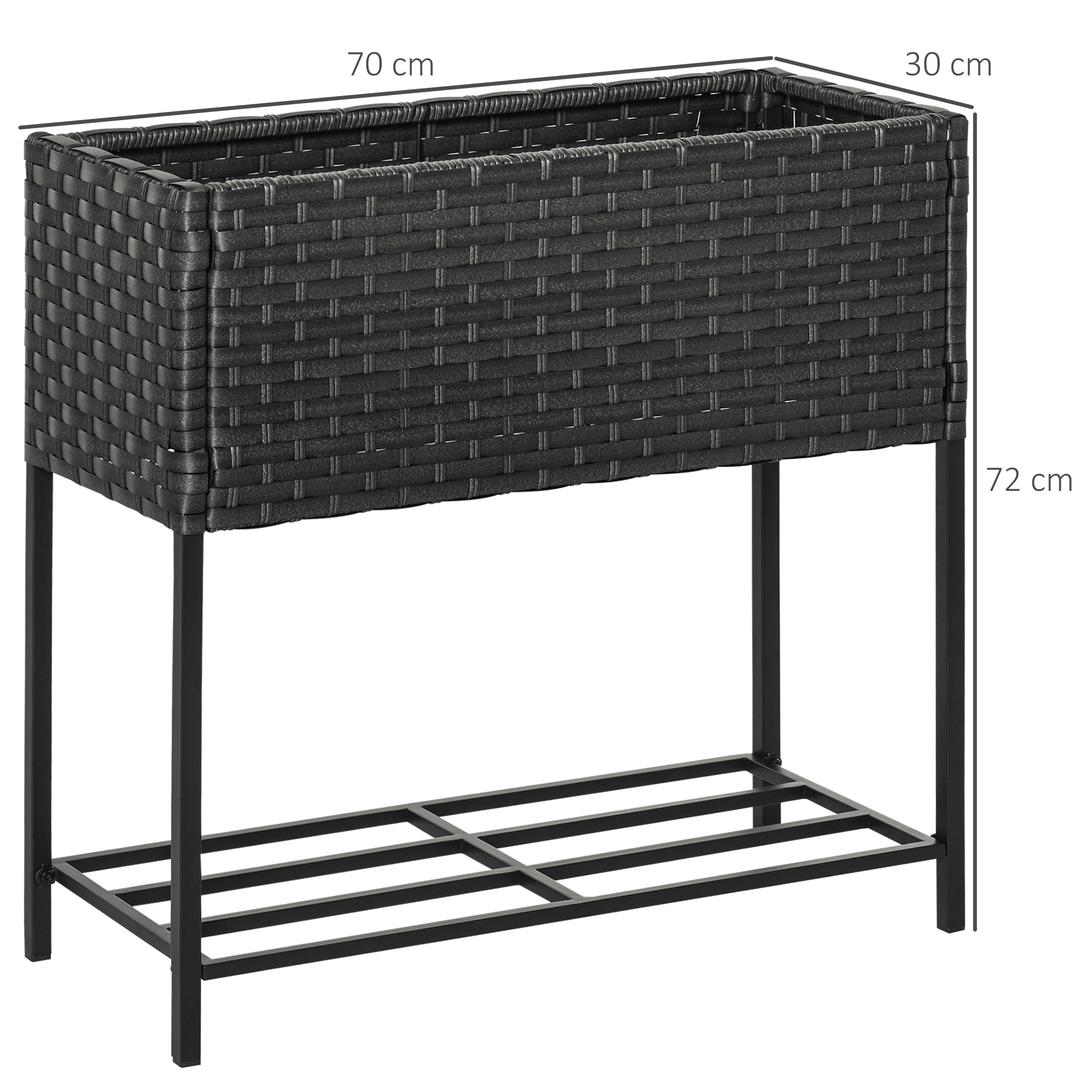 Hochbeet, Blumenkasten, tiefe Ablage, Metallrahmen/Polyrattan, 70 x 30 x 70 cm, Dunkelbraun