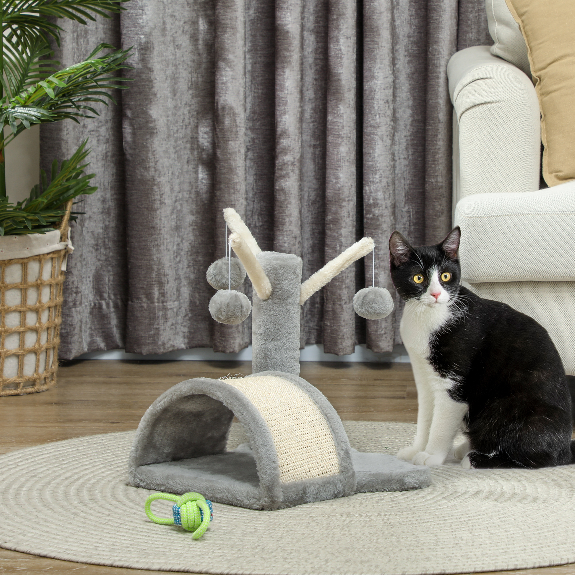 Kratzbaum 40 cm Kleiner Katzenturm mit Höhle, 2 Spielball, Kratzmatte, Katzenkratzbaum, Kletterbaum, für kleine & große Katzen, Hellgrau