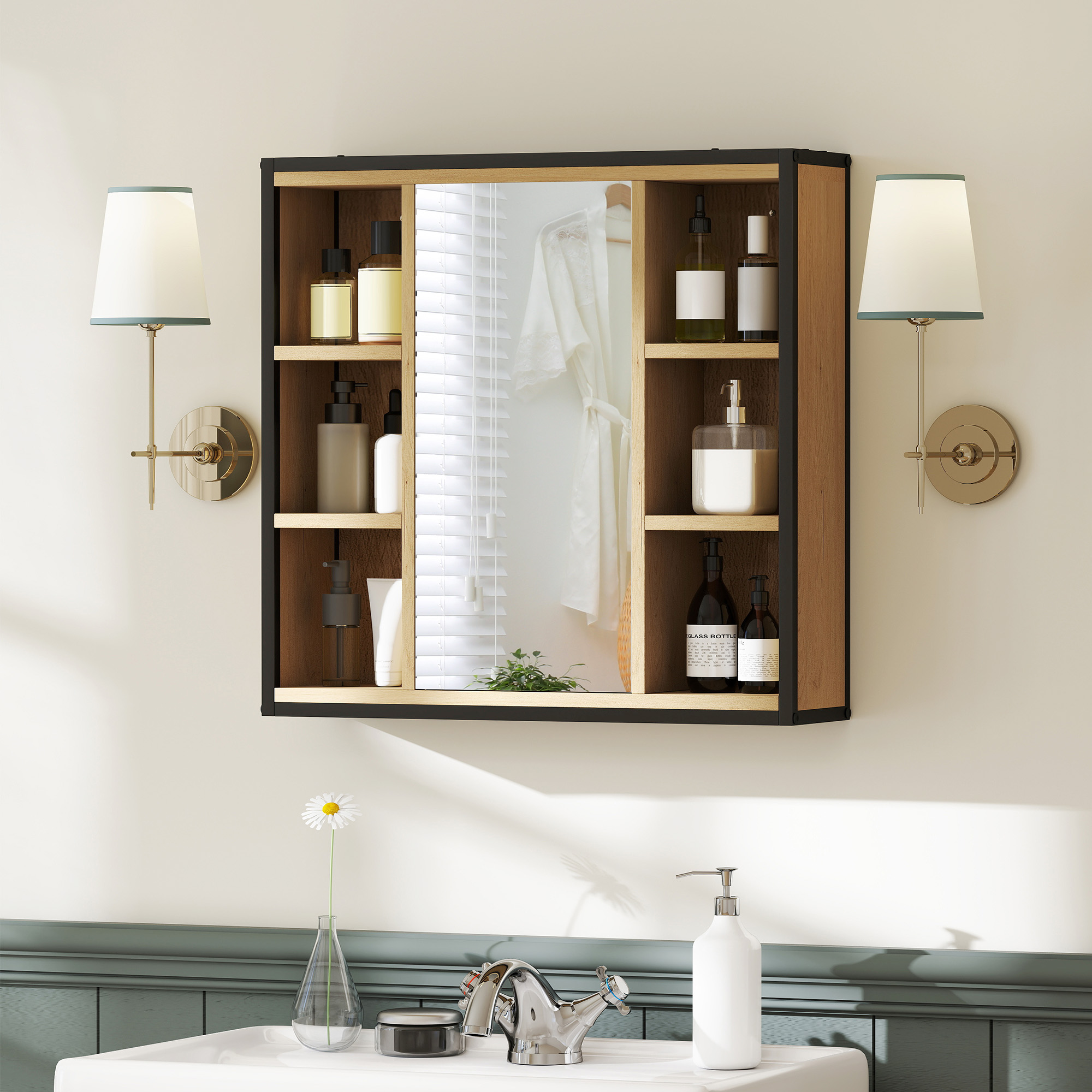 Badezimmer-Spiegelschrank, 6 offene Fächer, 3-stufiges Regal, Wandmontage, Eiche