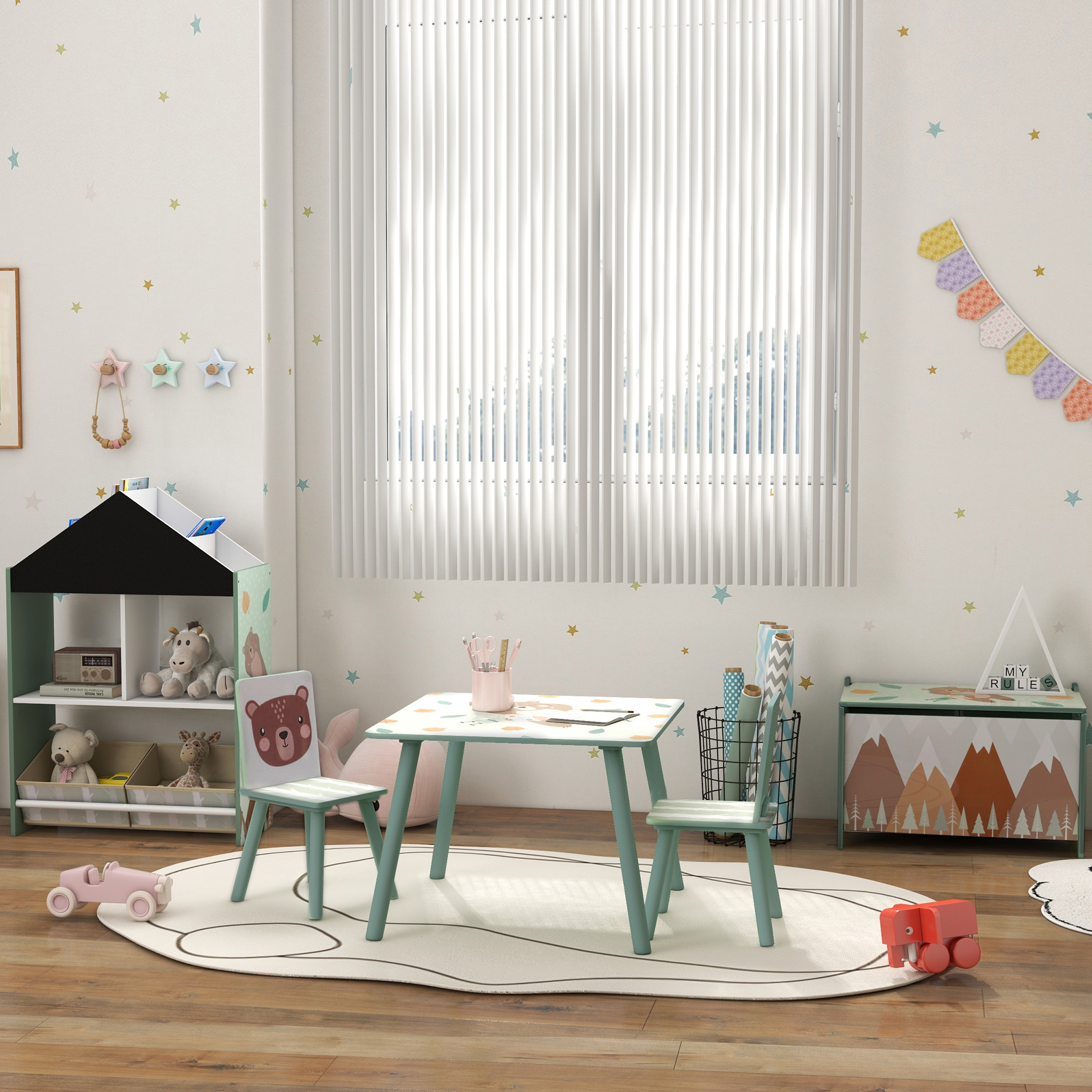 Sitzgruppe für Kinder 3-8 Jahre, 1 Tisch & 2 Stühle, niedliches Tiermotiv, Grün