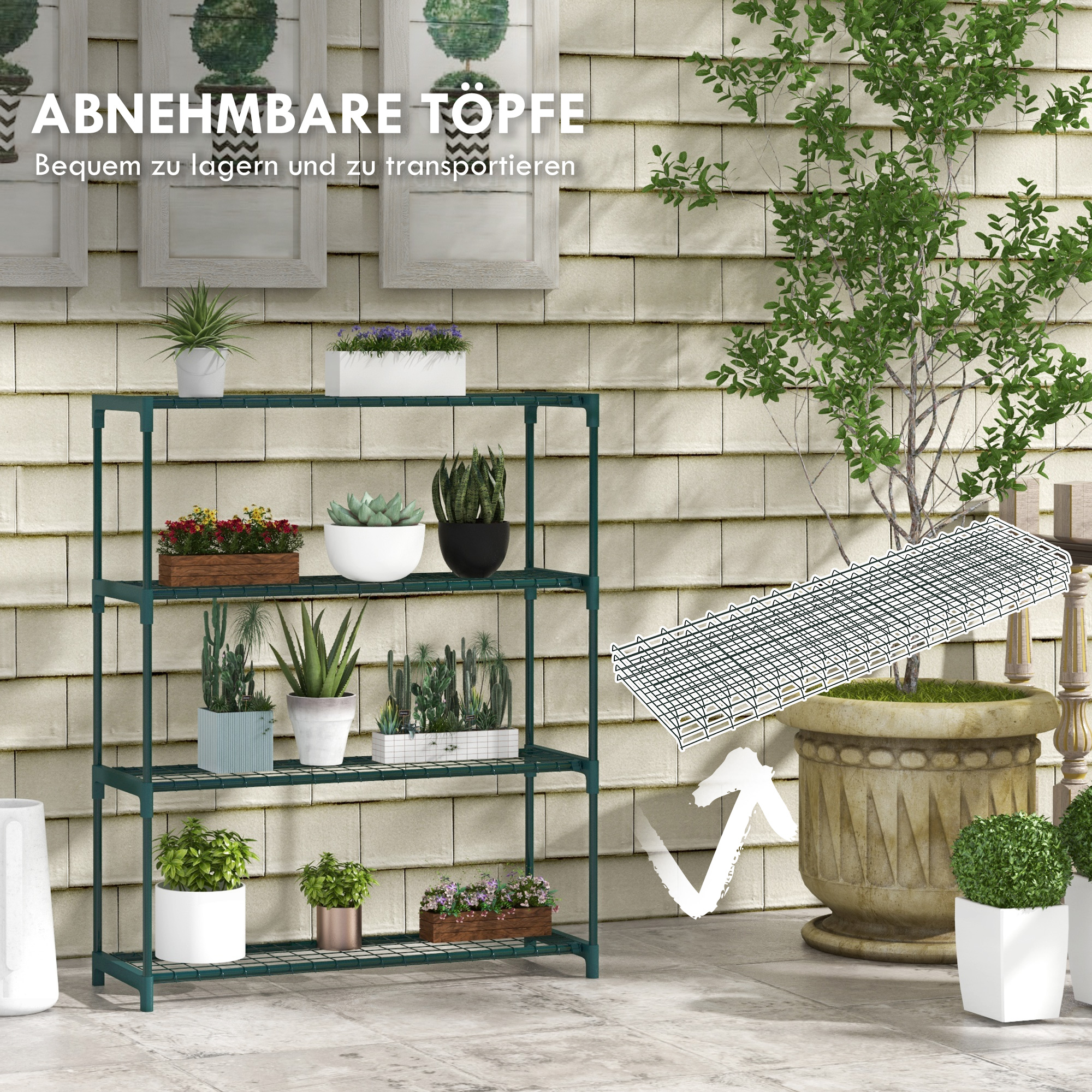 Pflanzenregal Blumentreppe Pflanzentreppe, 4 Regale, 89 cm x 28 cm x 107 cm, Dunkelgrün