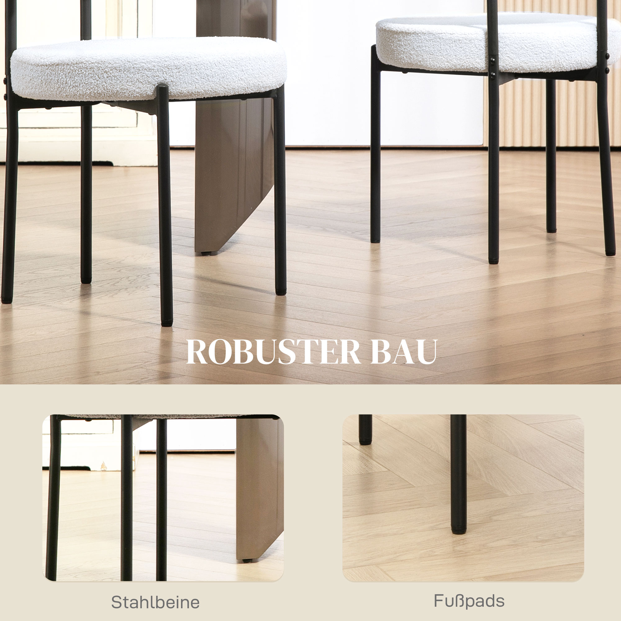 2er-Set Esszimmerstühle, Fleece-Polsterung, Stühle mit Polstersitz, Metallbeine, Cremeweiß