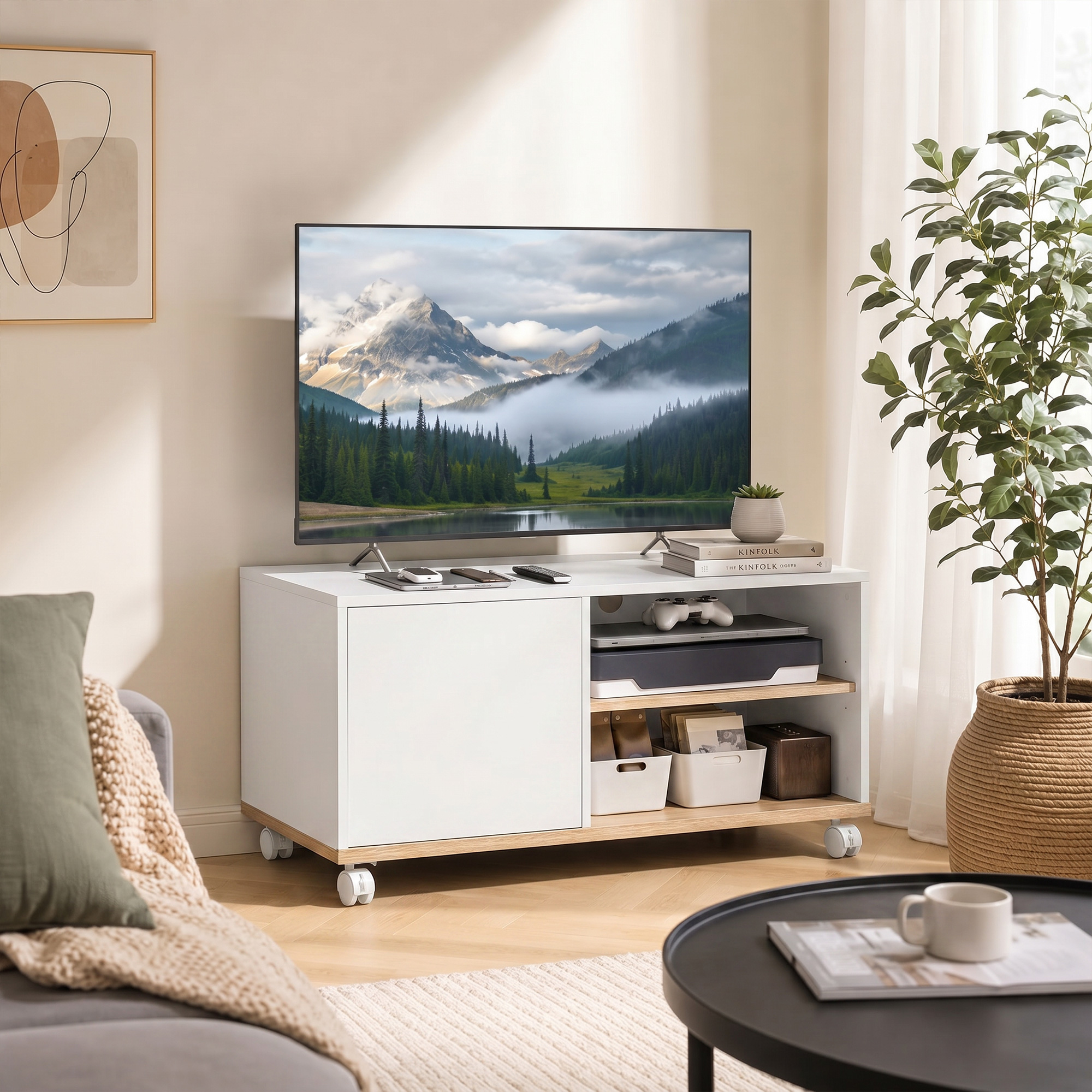 TV-Board auf Rollen mit Bremsen, TV-Möbel mit Schrank und verstellbarer Ablage, Weiß und Eiche