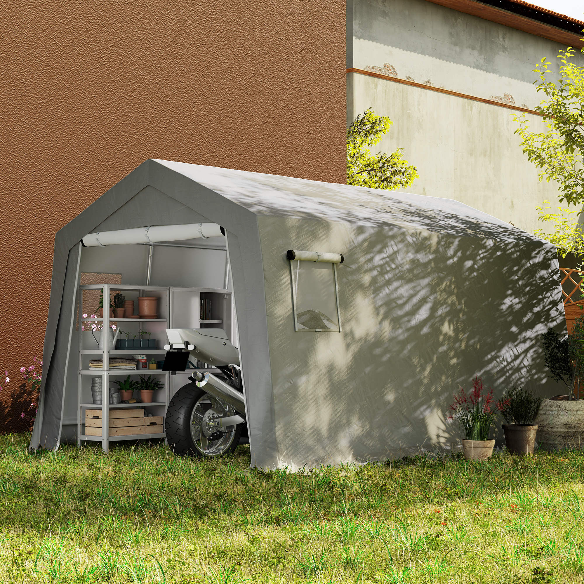 Gerätehaus mit Satteldach wasserdicht Gerätezelt mit Türen, Fenster 300x447x255 cm, Hellgrau
