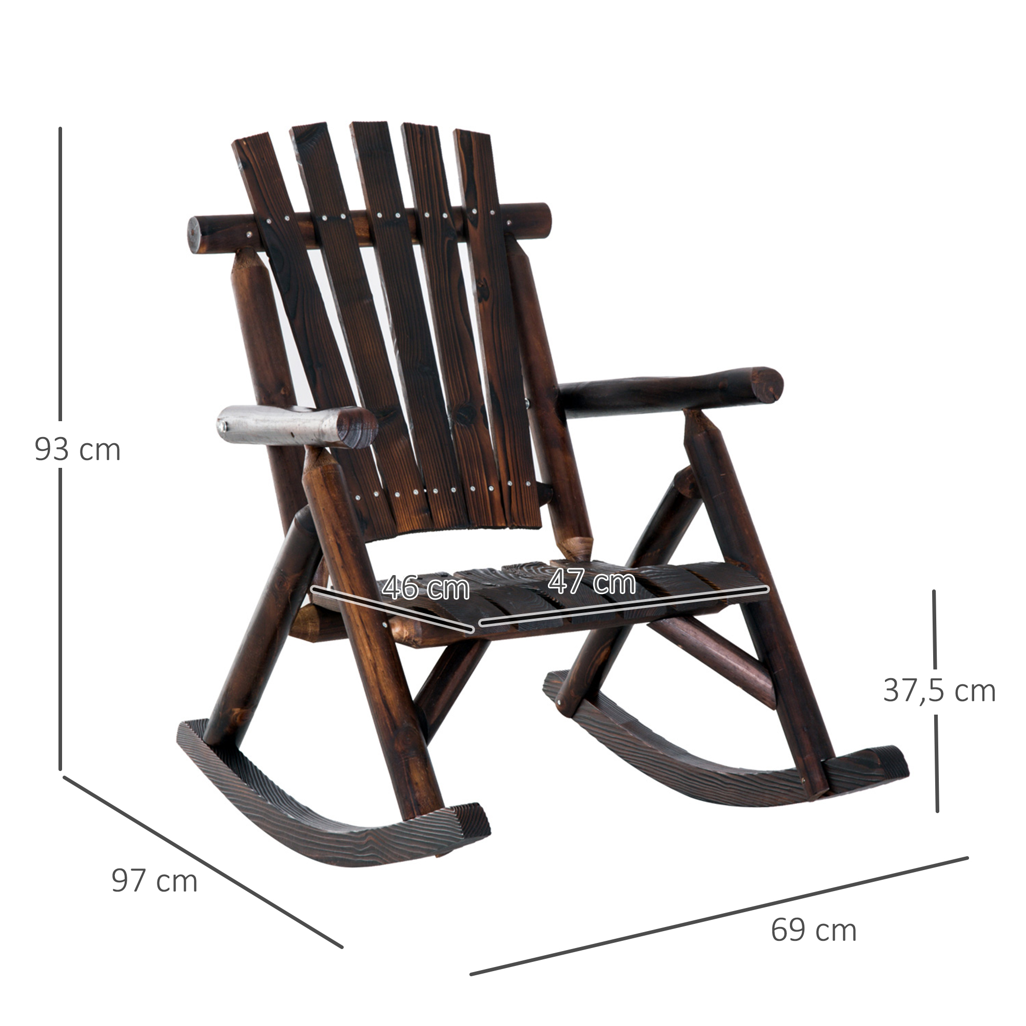 Schaukelstuhl mit Armlehne, Wetterfest, Massivholz Verkohlt, 97 x 69 x 93cm