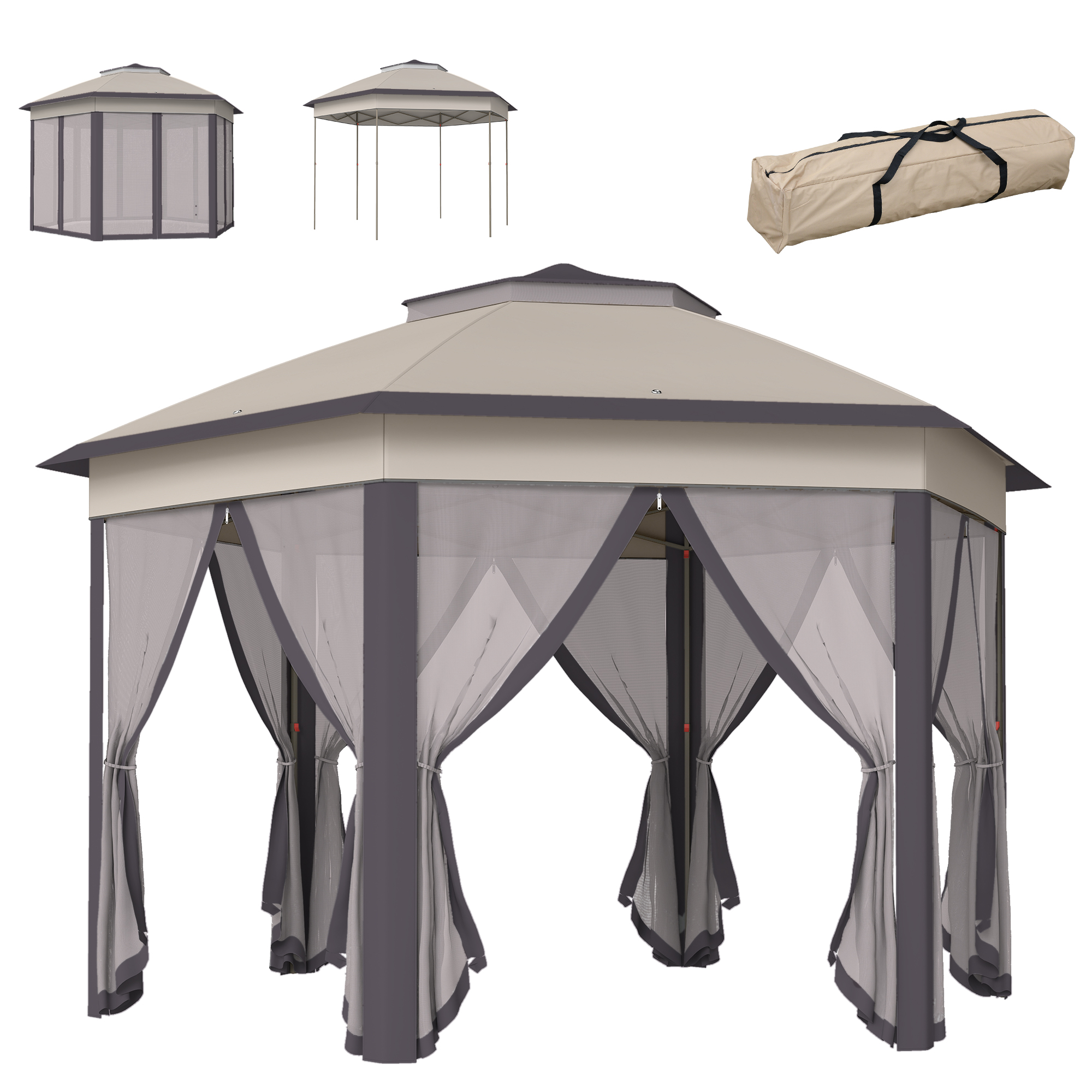 Gartenpavillon Faltpavillon 4 x 4 m Pop-Up-Zelt Partyzelt inkl. Tragetasche 6 Seitenteile Doppeldach sechseckig Beige
