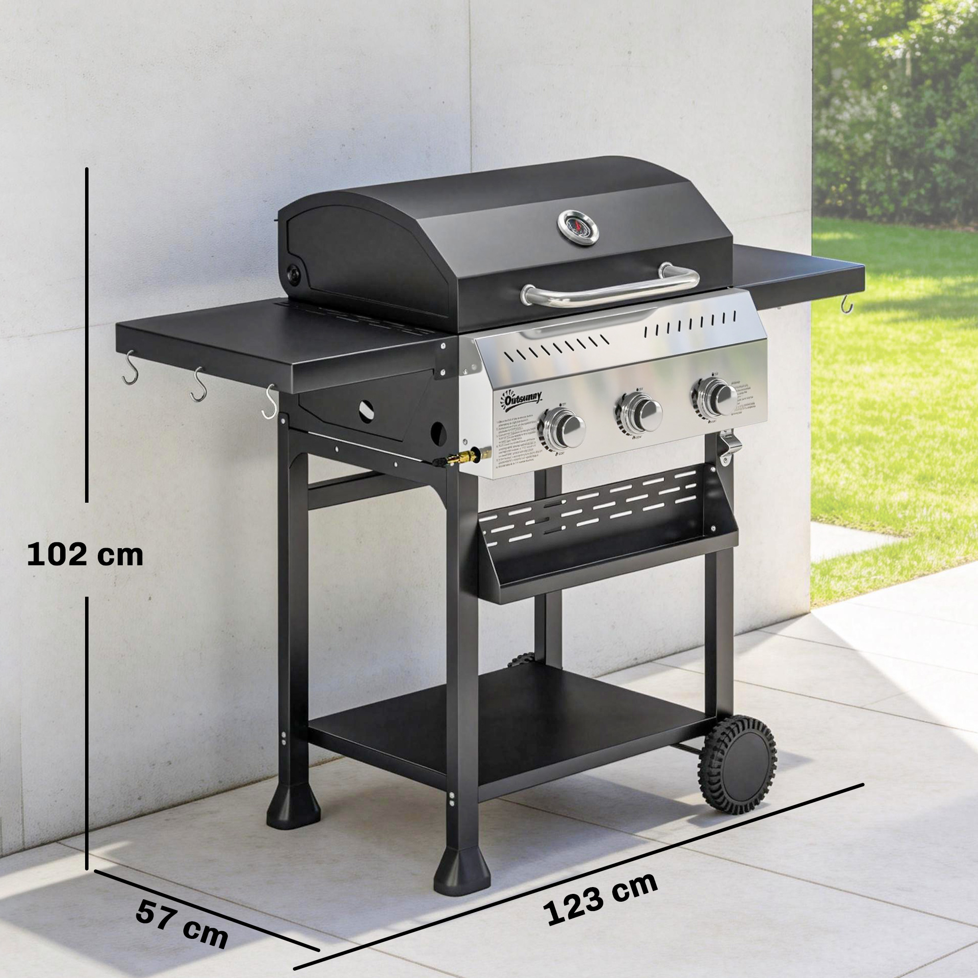 Gasgrill 9 KW 3 Brenner BBQ Grillwagen Edelstahl inkl klappbar Seitentisch Gewürzhalter Unterregal 6 Haken