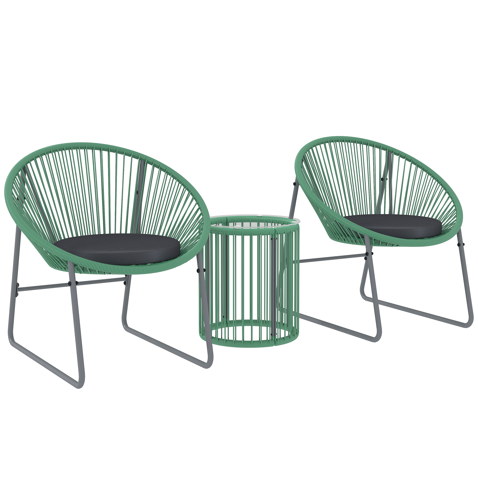3-teiliges Outdoor-Möbelset, 1 Tisch, 2 Stühle, Glastischplatte, Kunststoff-Rattan um Stahlrahmen, weiche Kissen, Grün