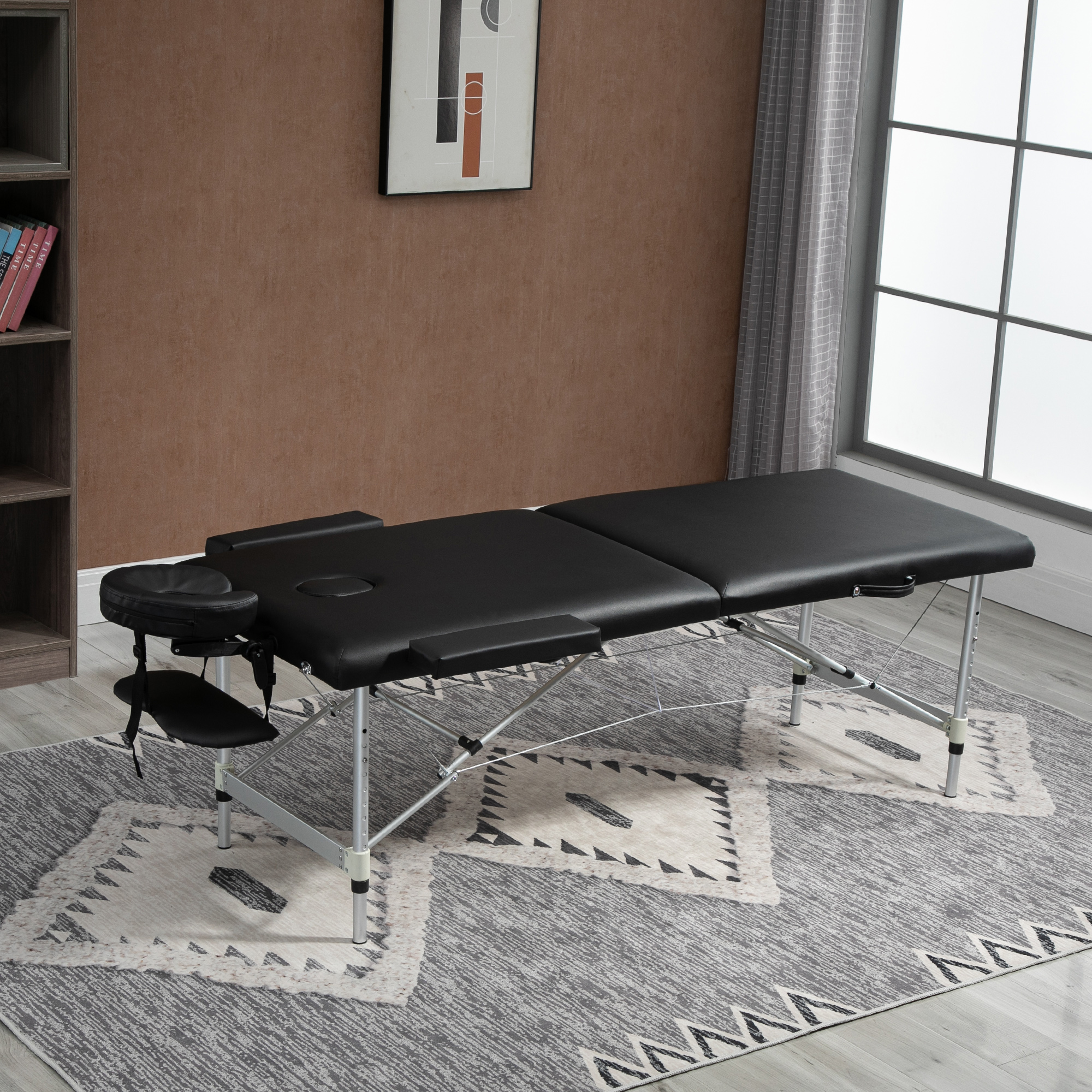 Massageliege, 2 Zonen klappbarer Massagetisch mit Kunstleder-Bezug, Kopfstütze, Armlehnen, Tasche, höhenverstellbare Massagebank 90cm Breit bis 225 kg belastbar, Schwarz