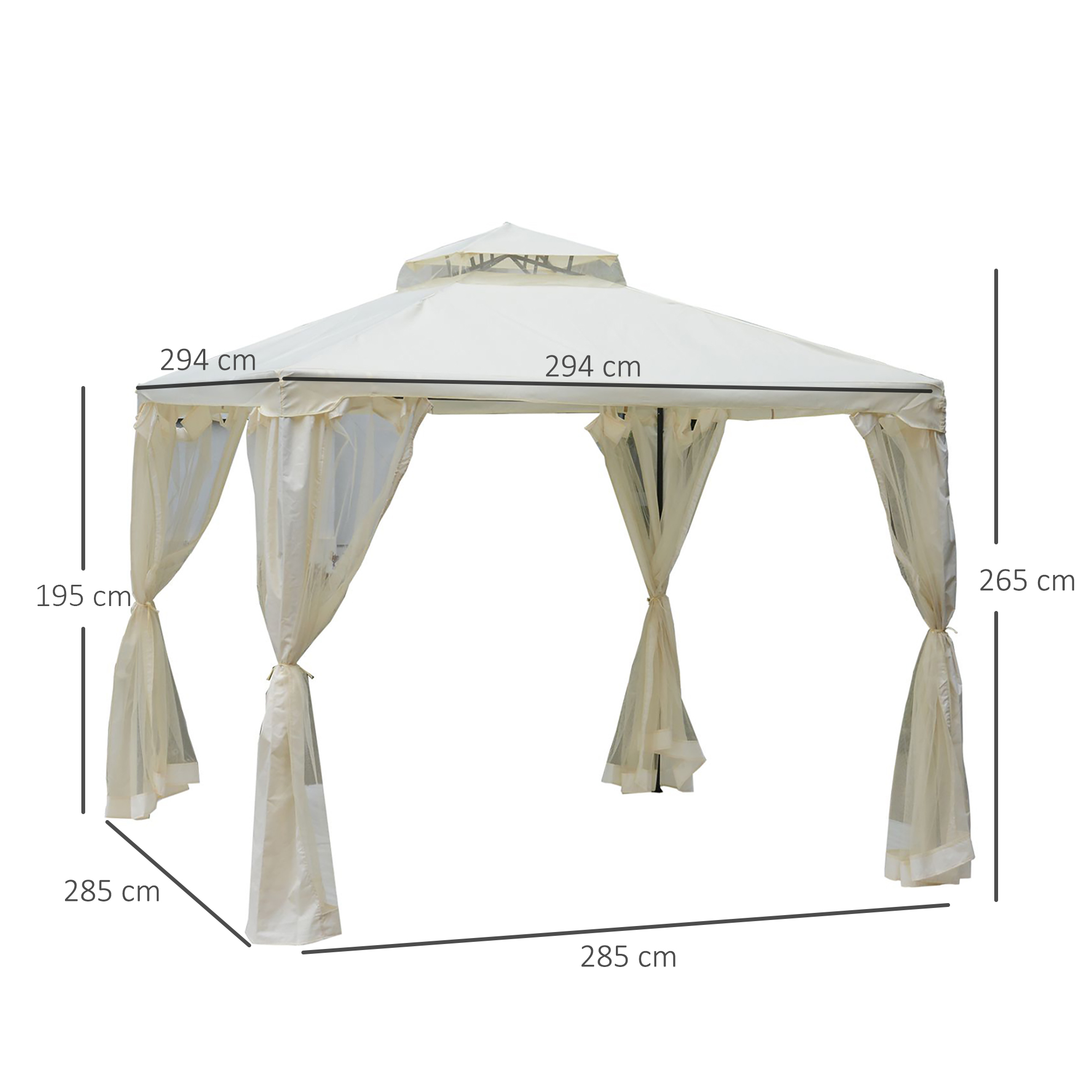 Pavillon mit Doppeldach, ca, 3x3 m Wasserdicht Stabil Winterfest Gartenpavillon mit Moskitonetz, Seitenteile, Garten-Pavillon aus Metall, für Garten, Terrasse, Cremeweiß