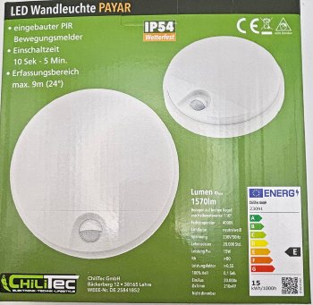 LED Wandleuchte "PAYAR" IP54, 4000K / 15W, 1570lm, 140° Bewegungsmelder