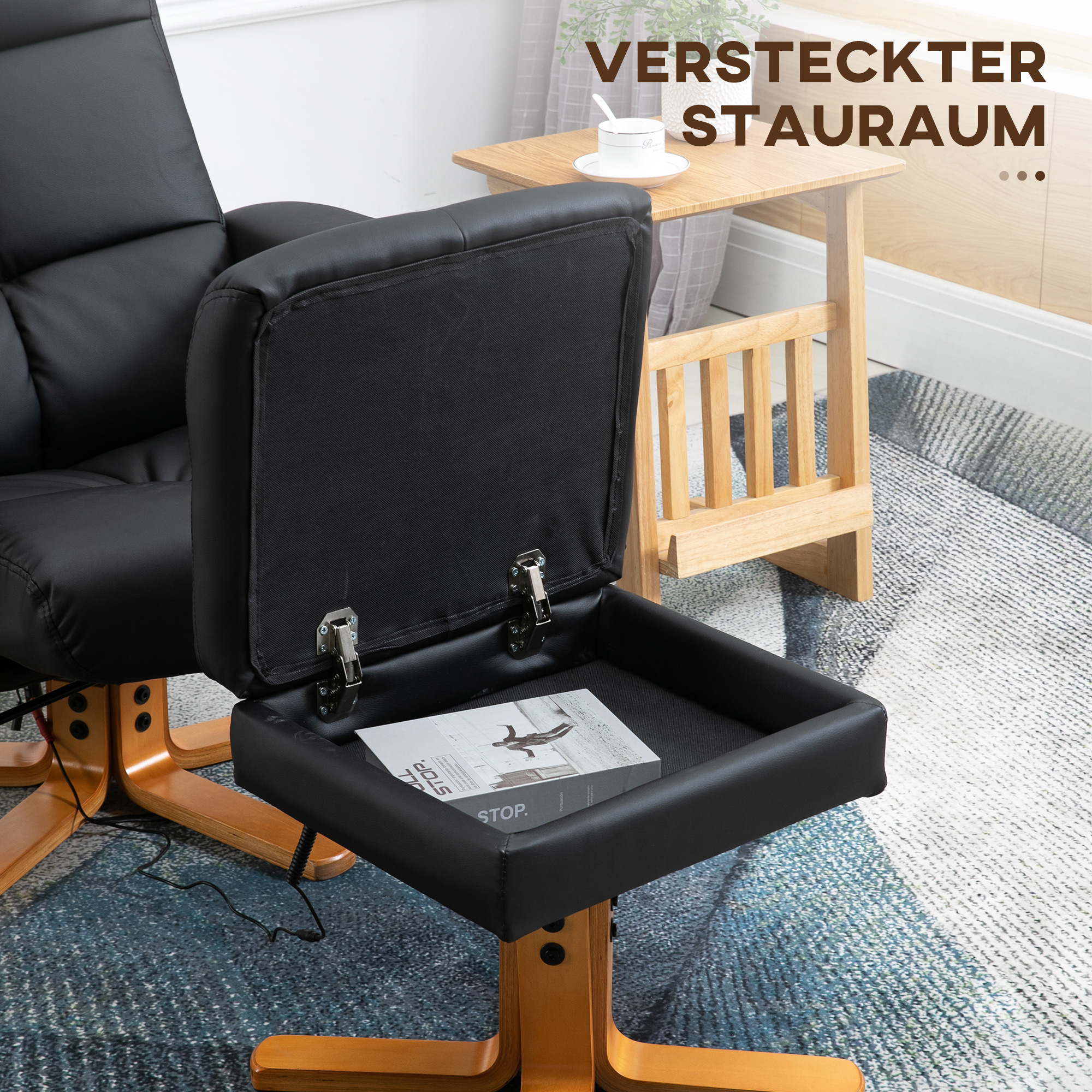 Massagesessel mit Hocker, 145° Neigbarer Relaxsessel mit Massagefunktion Liegefunktion Stauraum, TV-Sessel Fernsehsessel für Wohnzimmer, Kunstleder, 80 x 86 x 99 cm Schwarz
