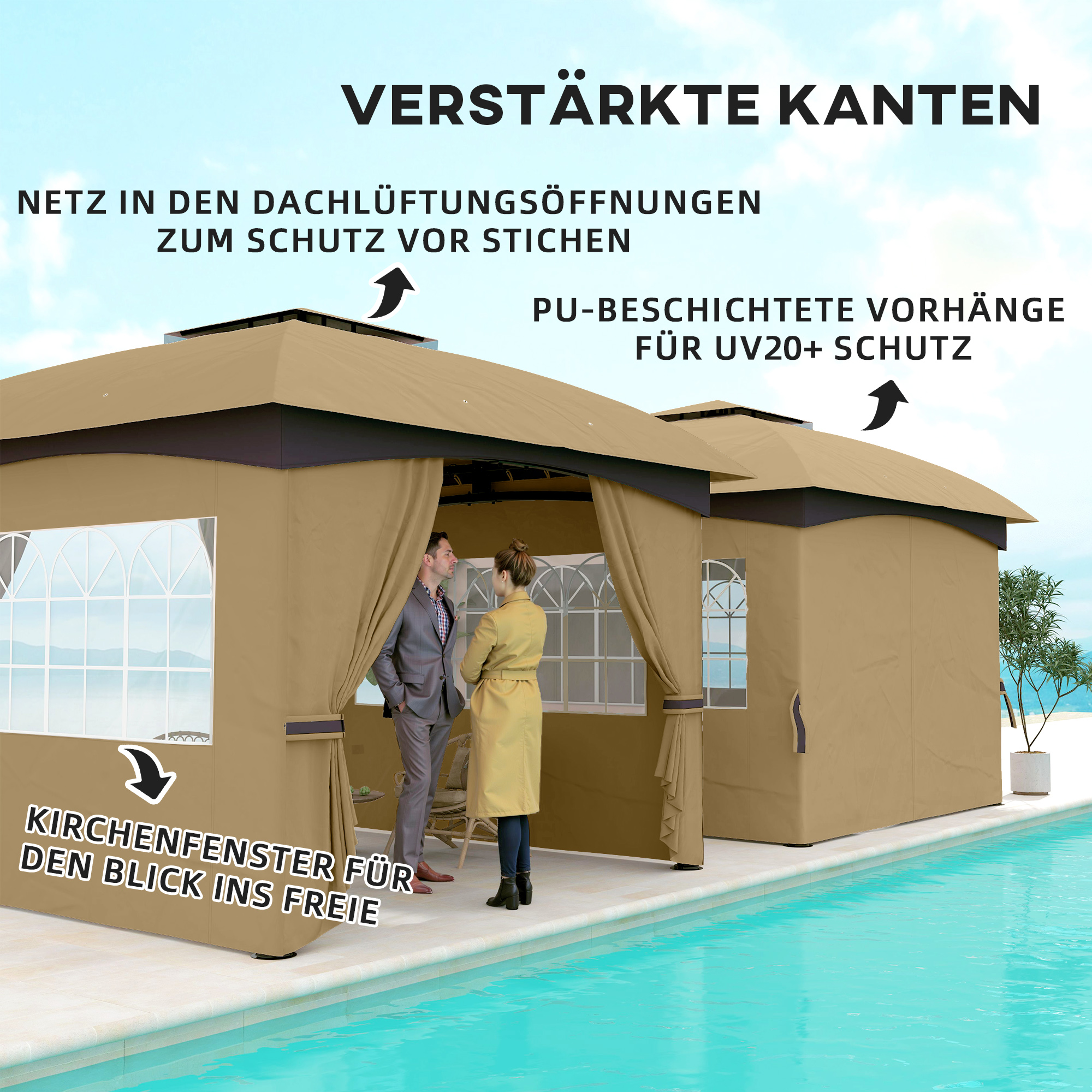 3,4 x 3,4 m Gartenpavillon, Bierzelt mit Lüftungsdach, Bogenfenstern, Stahlgestell, Beige