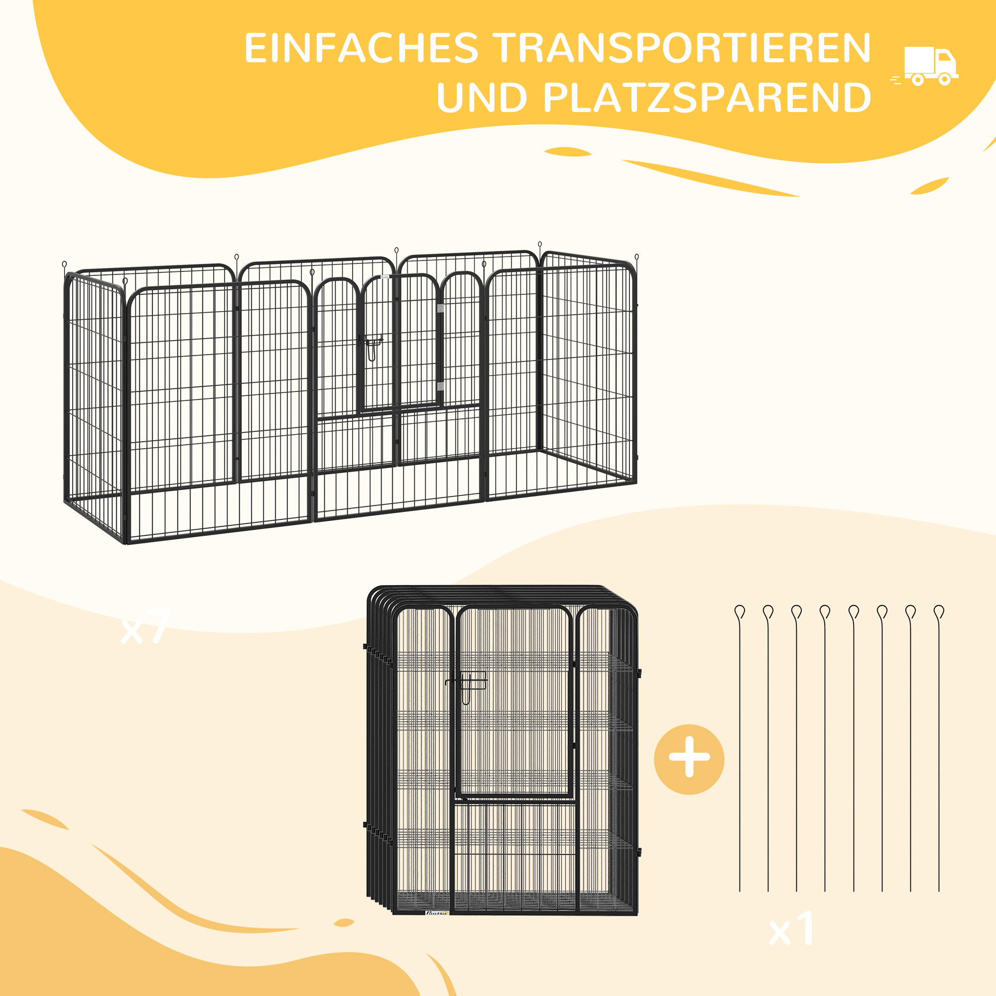 Welpenlaufstall, 8-teilig 100cm hoch Welpenauslauf mit abschließbarer Tür 8 Gitterplatten Stahl Hundelaufstall Freilaufgehege für große Hunde, für drinnen und draußen, Grau