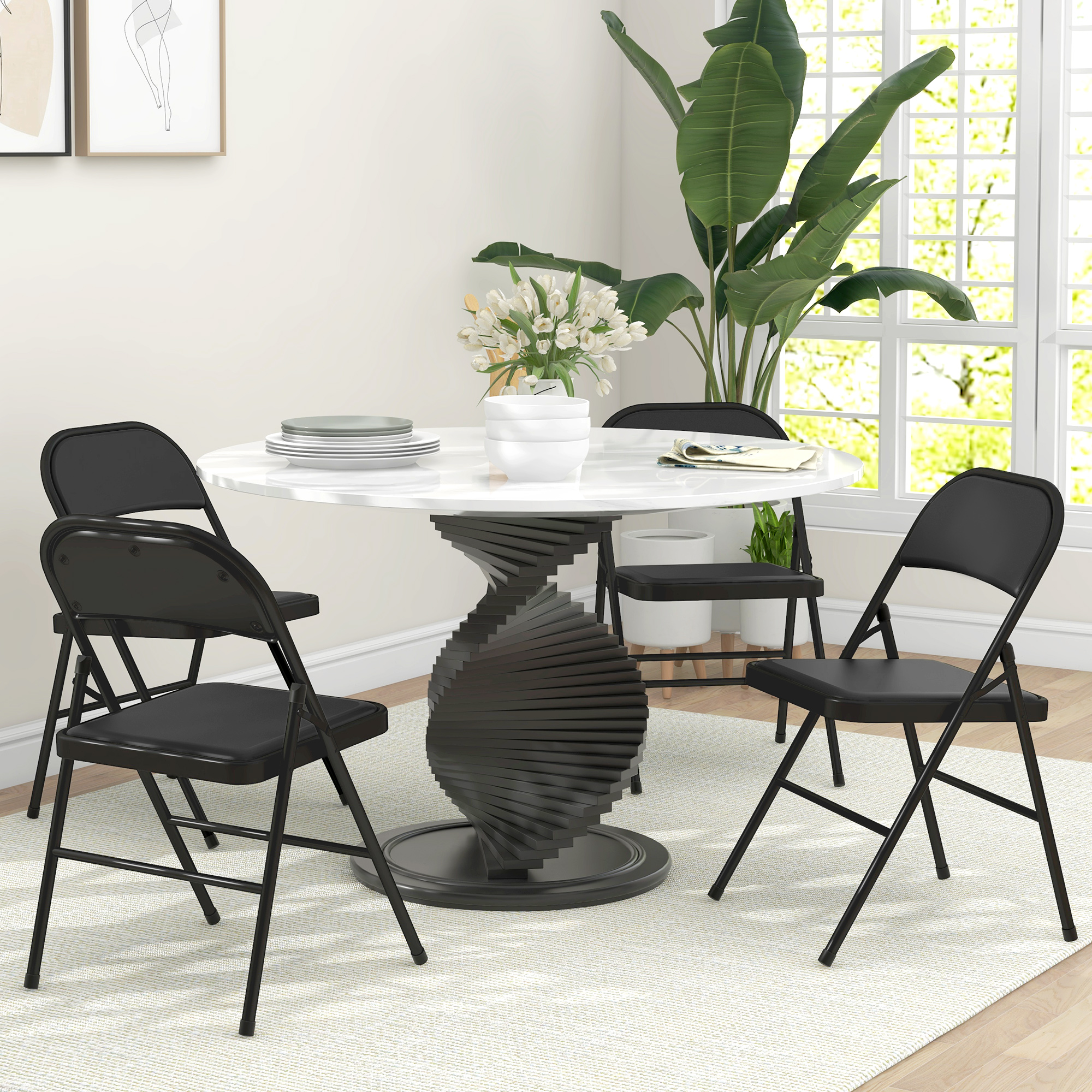 4er-Set Klappstühle, Tragbare Bürostühle, Metallbeine, Faltstuhl für Büro, Empfang, Wartezimmer, Kunstleder, Schwarz
