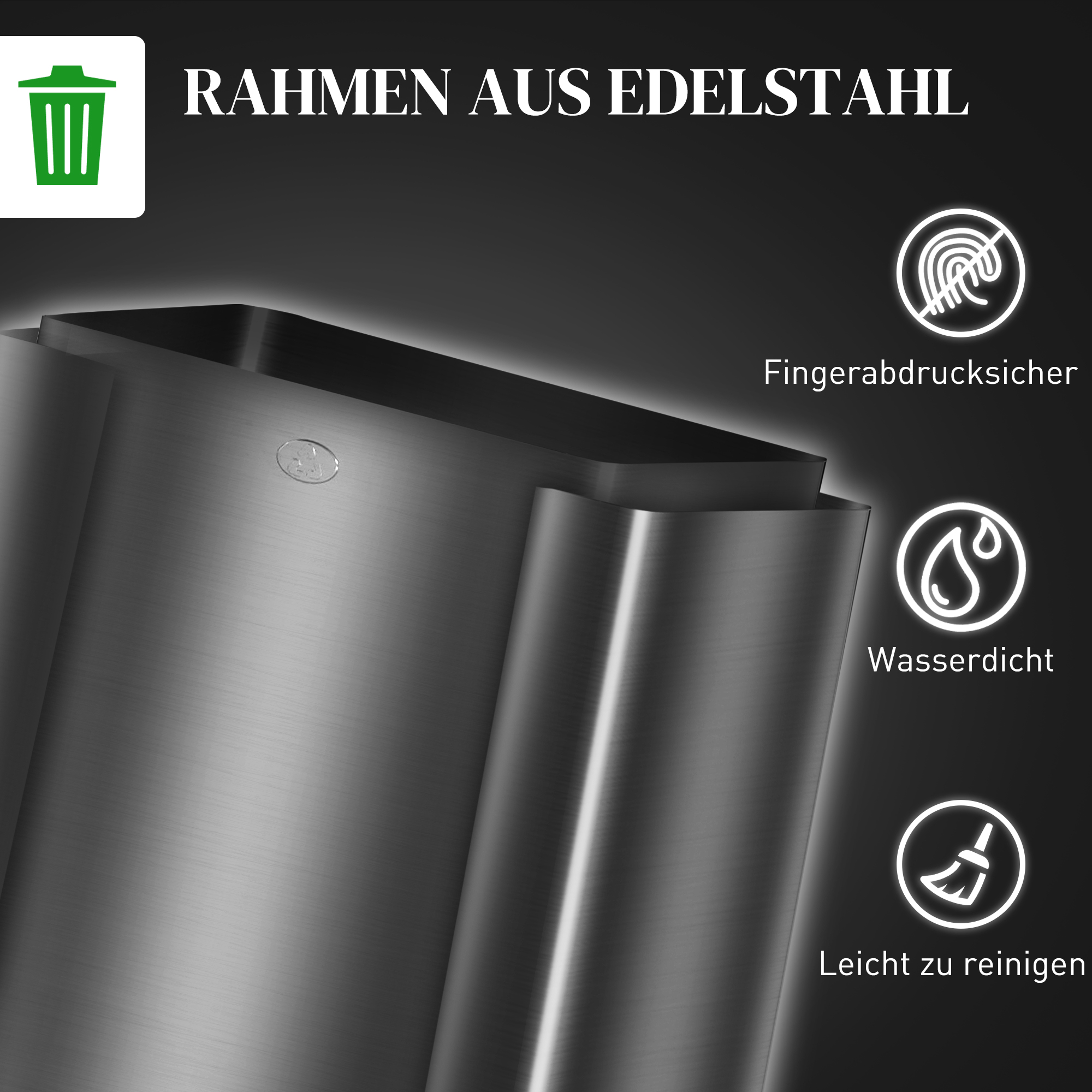 Mülleimer mit 3 x 20 L Fächern, Deodorant-Deckel, fingerabdrucksicher, Soft-Close, herausnehmbar, Schwarz