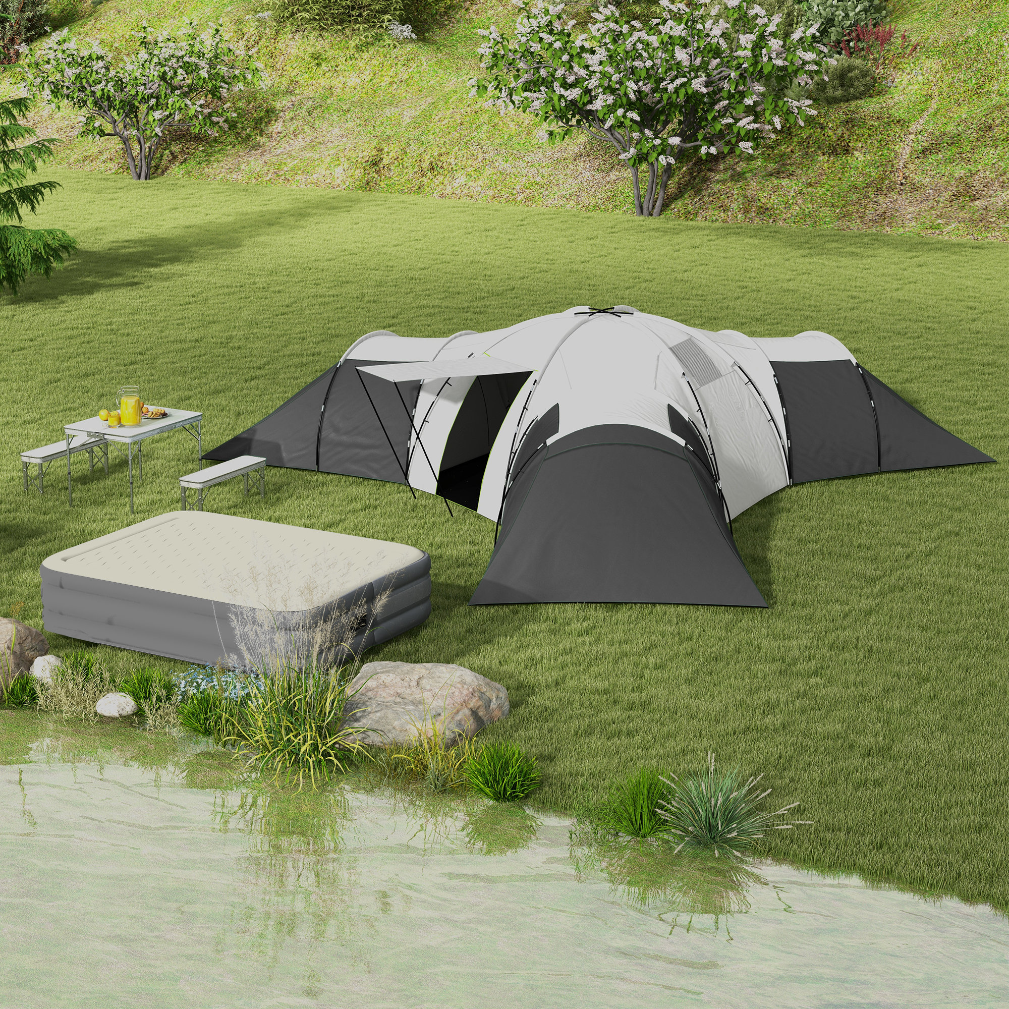 Campingzelt für 6-9 Personen, 4 Räume, Vorzelt, wasserdicht, 615x 615x225cm, Grau