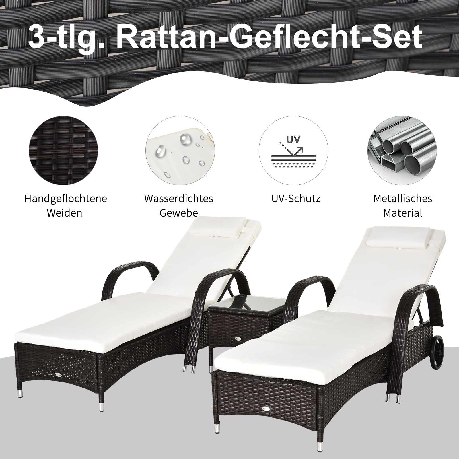 3er-Sonnenliegen-Set, 2x Gartenliege mit Beistelltisch, inkl. Liegeauflagen, Polyrattan, Braun+Cremeweiß