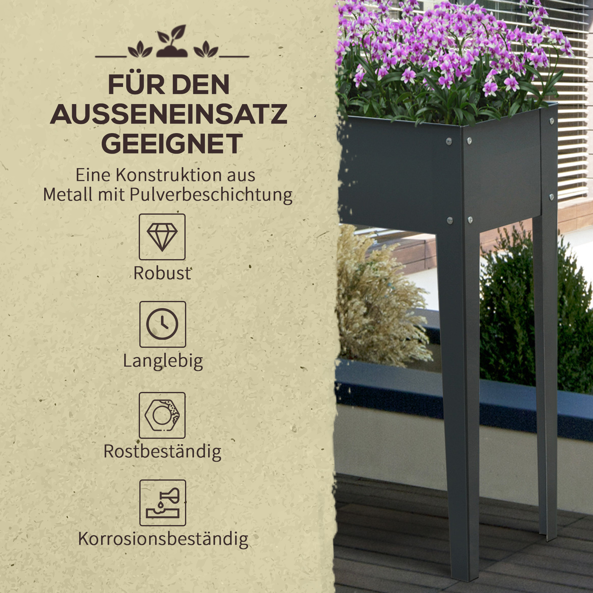Hochbeet, Kräuterbeet, Pflanzkasten mit 3 Abflusslöchern, Blumenkasten mit Füßen, Metall, 100 x 30 x 80 cm