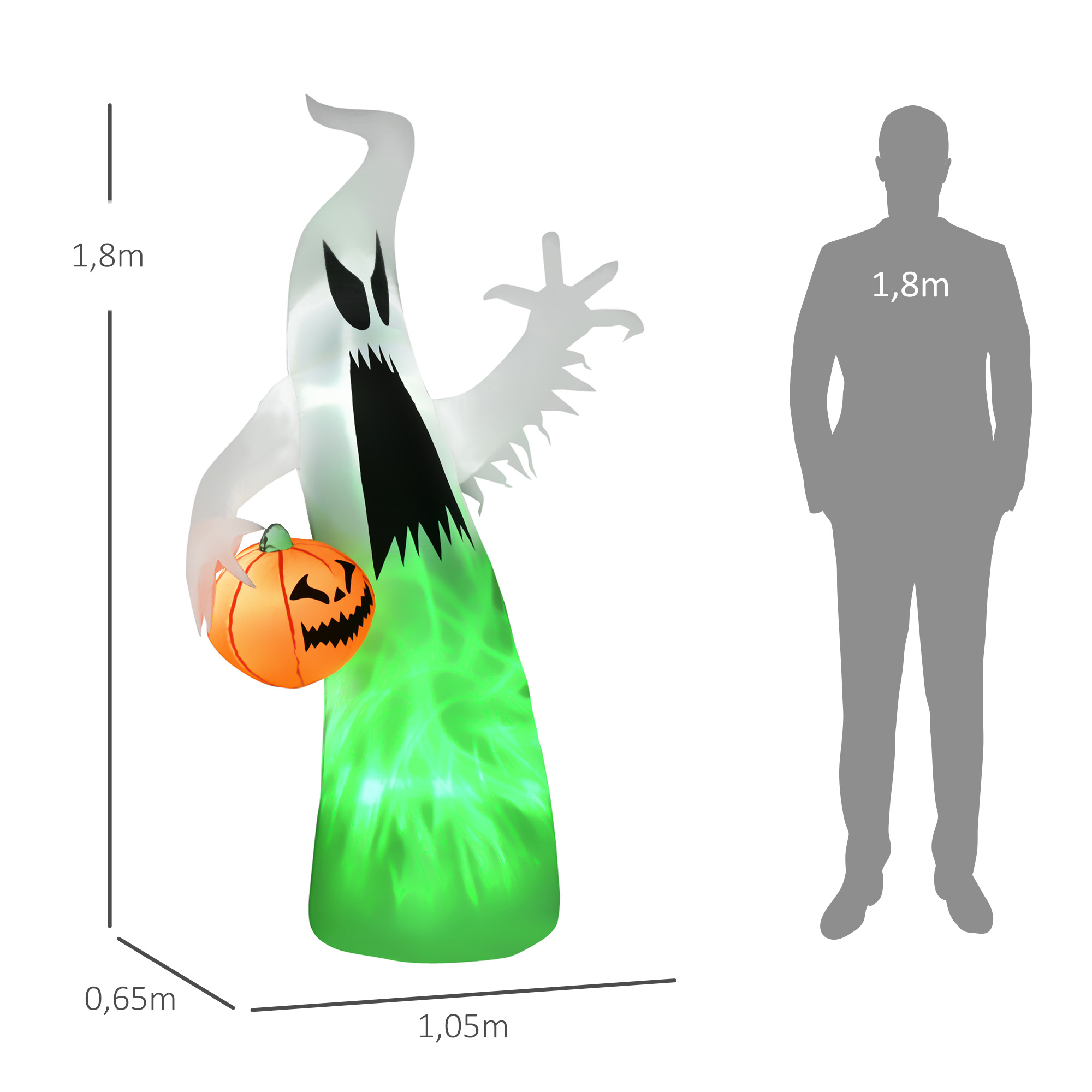 selbstaufblasendes Spuk Gespenst Geist LED beleuchtet Halloween Dekoration Polyester Weiß 105 x 65 x 180 cm