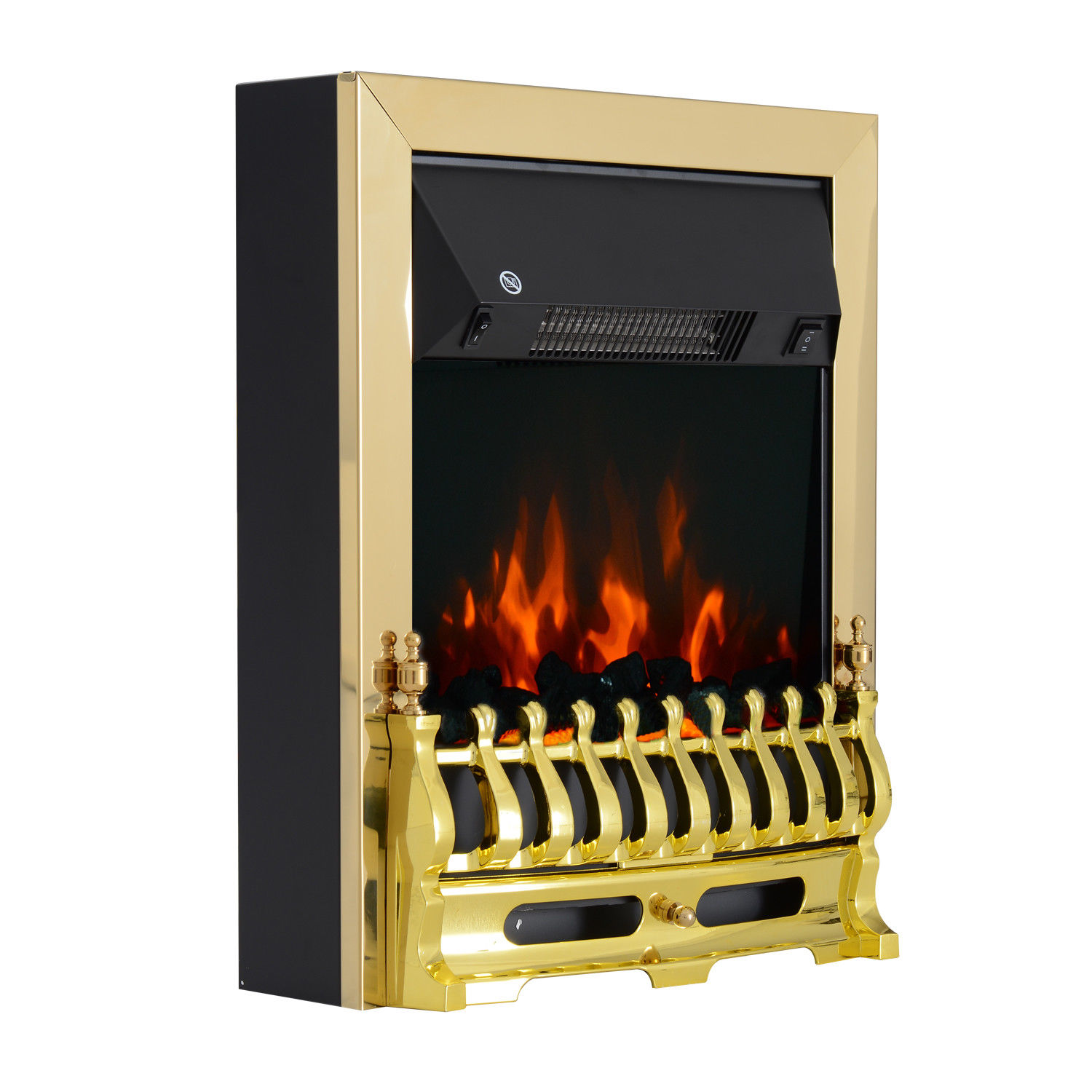 Elektrokamin mit Heizung, elektrischer Kamin mit LED Flammeneffekt, 1000/2000W Dekokamin, elektrisch Kaminfeuer Kaminofen, Gold