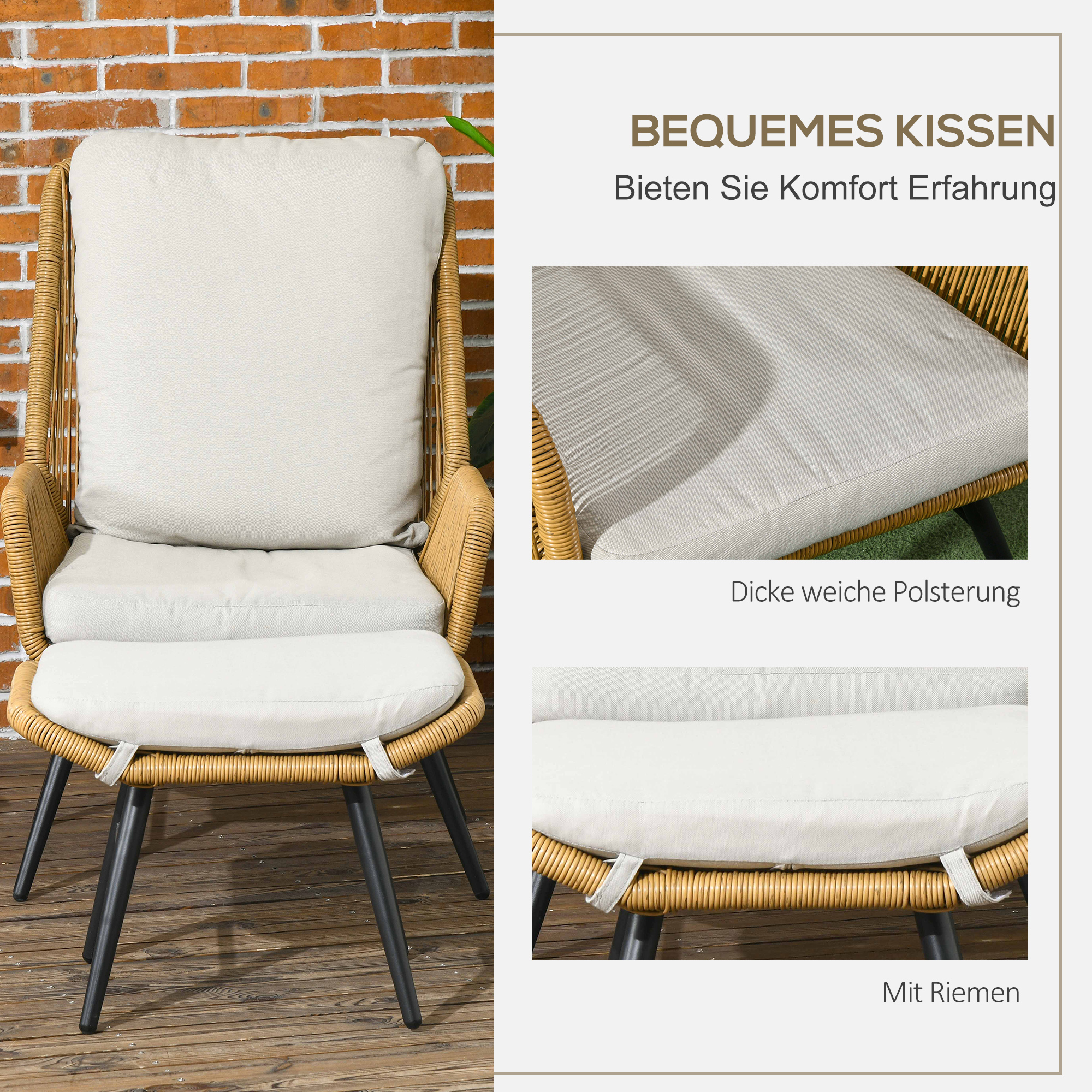 Polyrattan Gartenstuhl und Hocker, verstellbare Lehne, Hellbraun/Grau/Schwarz