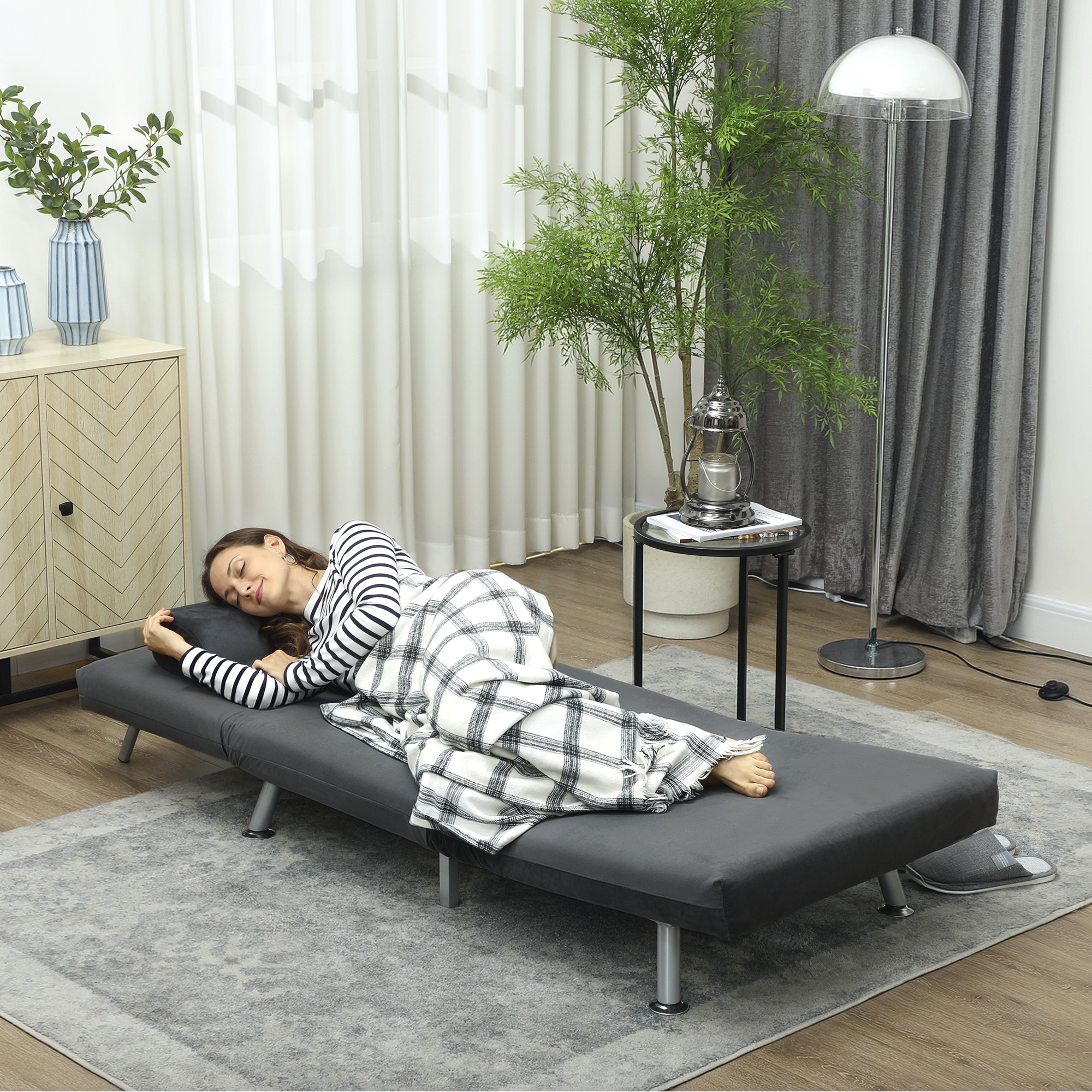 Klappsessel mit Bettfunktion, klappbarer Relaxsessel in Samtoptik, Verstellbare Rückenlehne, 75 x 70 x 75 cm, Dunkelgrau