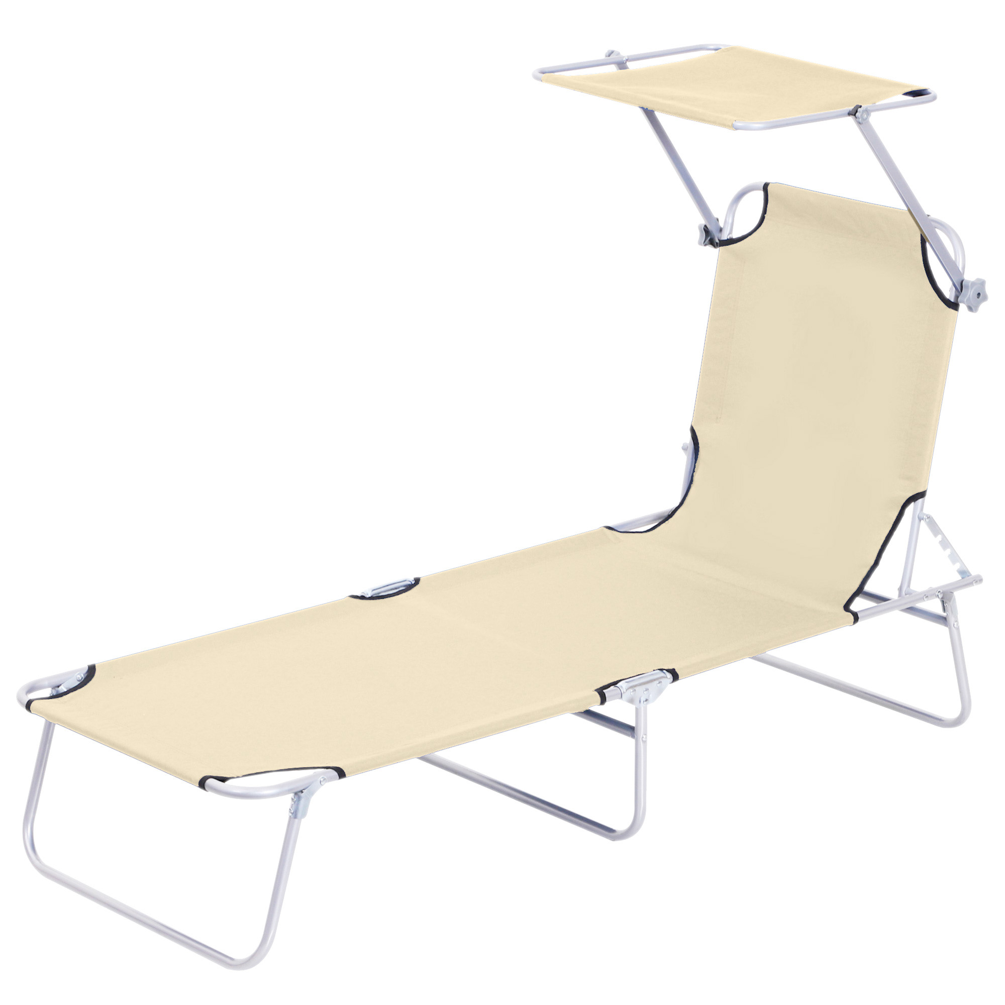Sonnenliege klappbar Gartenliege mit Dach, Liegestuhl mit 4-Fach verstellbare Rückenlehne, wetterfeste Campingliege bis 120 kg belastbar, für Garten Strand Pool, Beige
