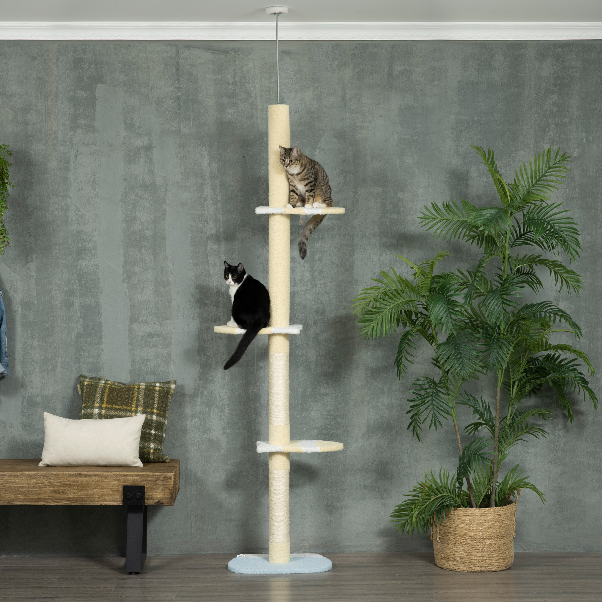 Höhenverstellbarer Kratzbaum, Anti-Rutsch, Sisalseil-Pfosten, 220-260H x 47L x 34W cm, Gelb/Weiß/Blau