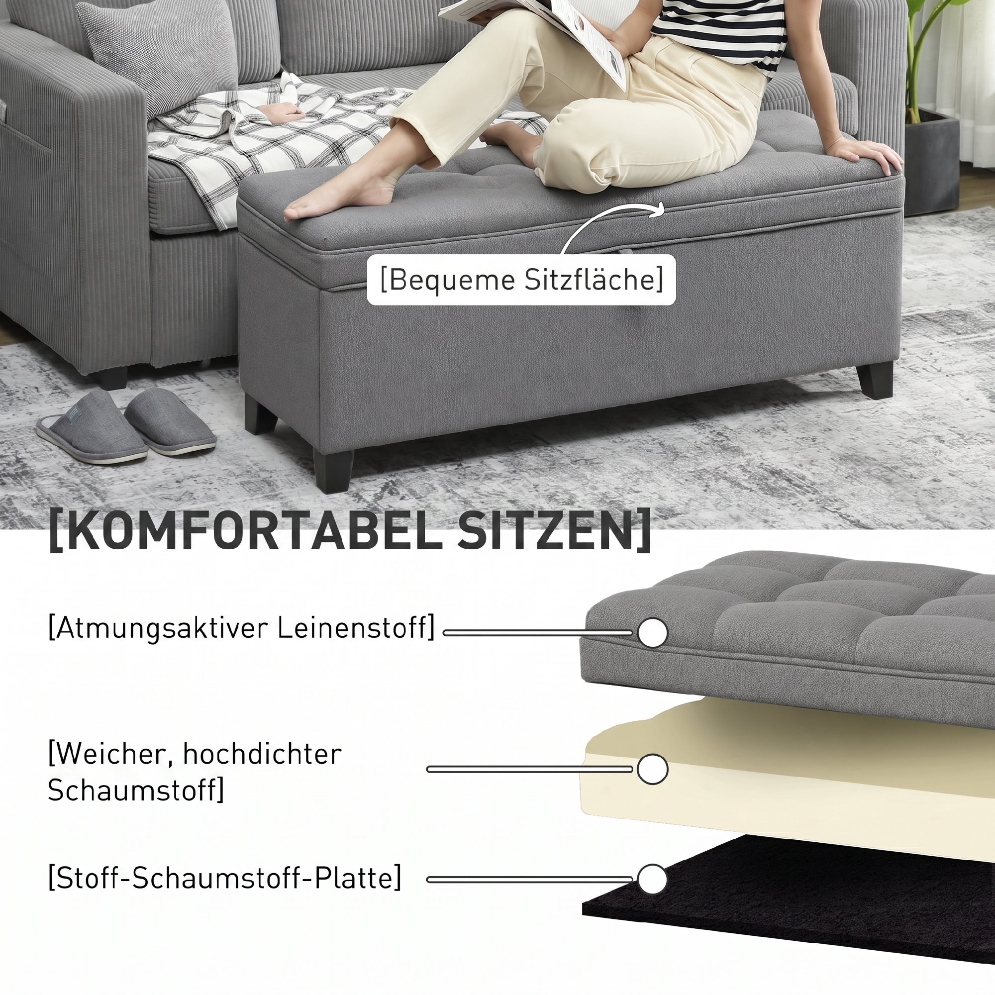 Sitzbank mit Stauraum, Polsterbank 120x40x48 cm mit Sicherheits-Scharniern, Leinenoptik, Dunkelgrau