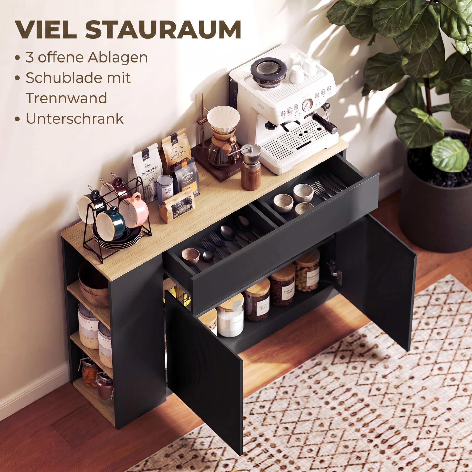 Sideboard, Buffet, großes Schrankfach, 3-stufiges Regal, Schublade, schwarz, 110 x 29,5 x 82cm