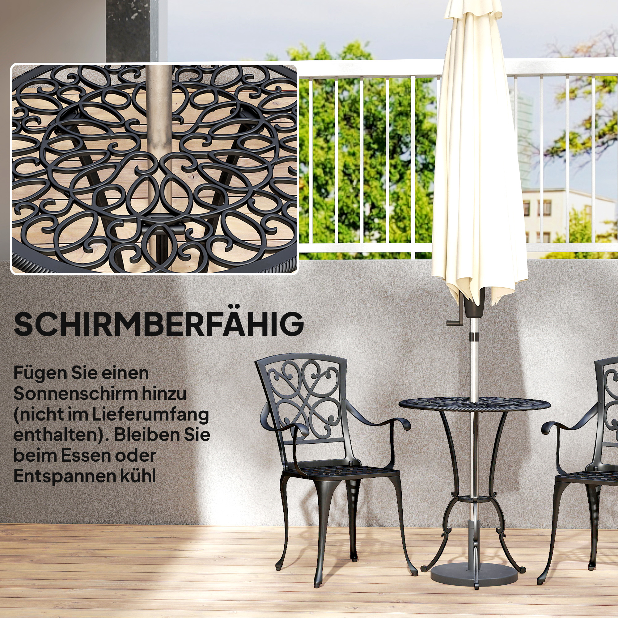 3-teiliges Garten Bistro Set runder Bistrotisch mit 2 Stühlen Sonnenschirmloch, Antik aus Aluminiumguss
