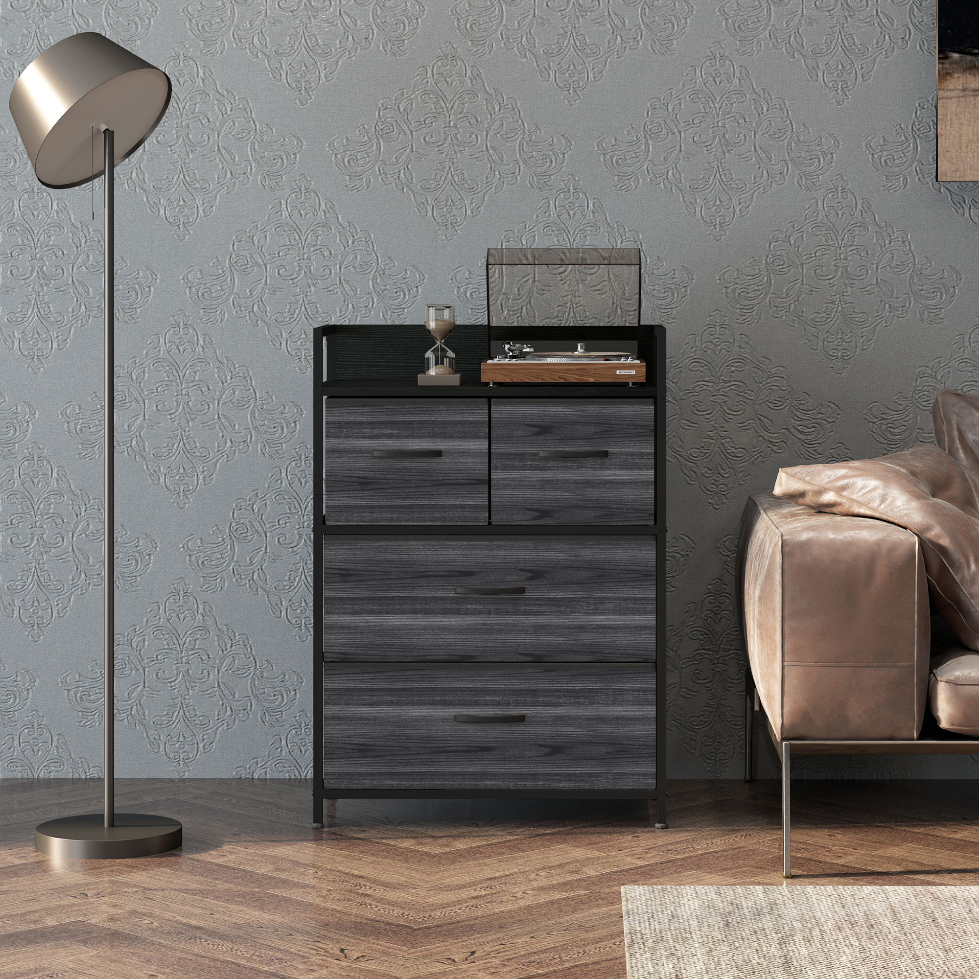 Kommode, Sideboard, 4 Stoffschubladen, Industrial Design, 60x29x85cm, Schwarz
