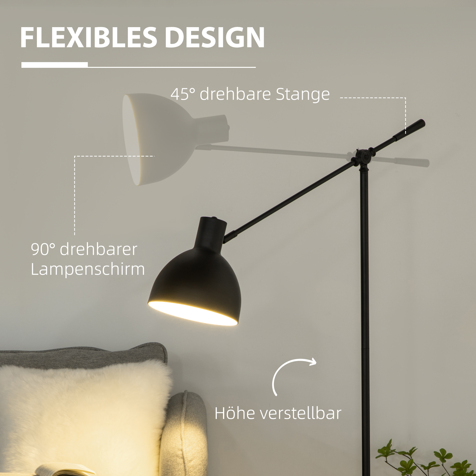 Stehleuchte im Industriedesign, höhenverstellbar, Bodenschalter; 30 m x 30 cm x 131 cm, Schwarz