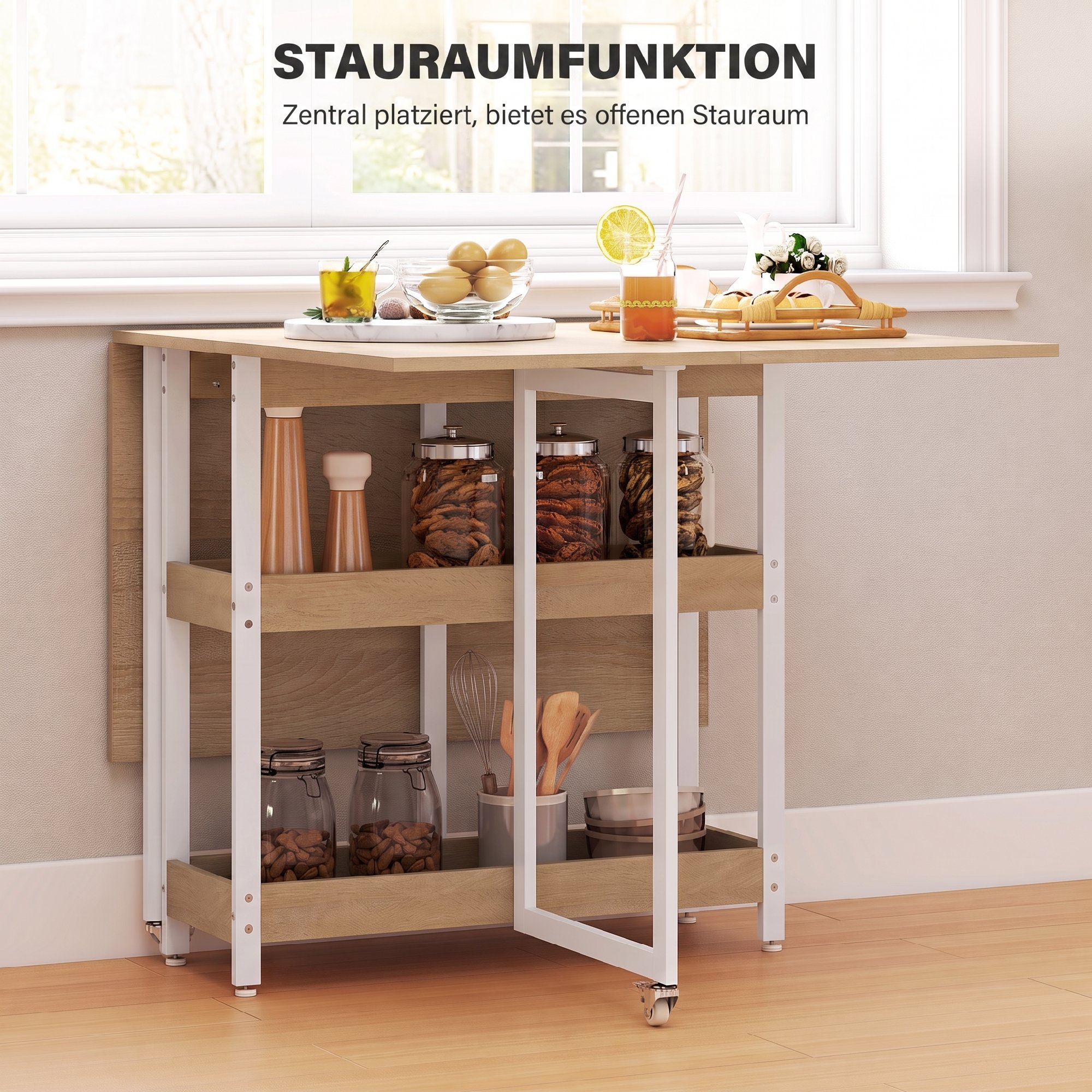 klappbarer Esstisch im Industriedesign, für bis zu 4 Personen, offene Regale, flexibel, Metall, Spanplatte, Holzoptik Natur