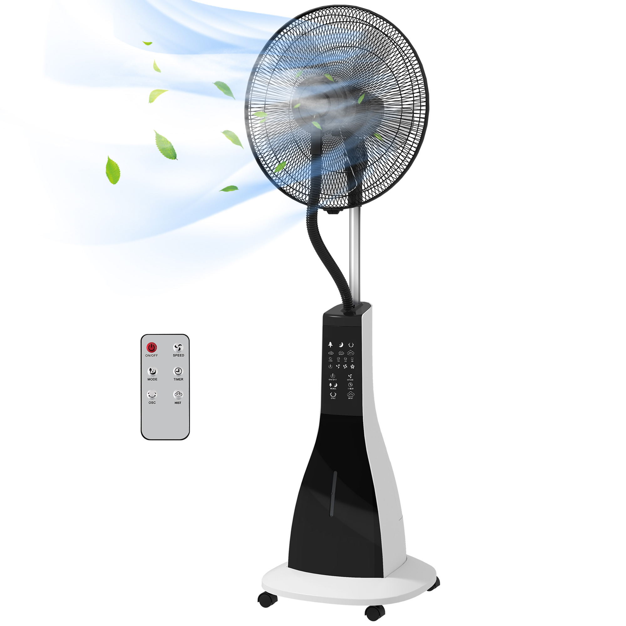 Standventilator mit Luftbefeuchtung, leise, mobil, Fernsteuerung, Schwarz/Weiß