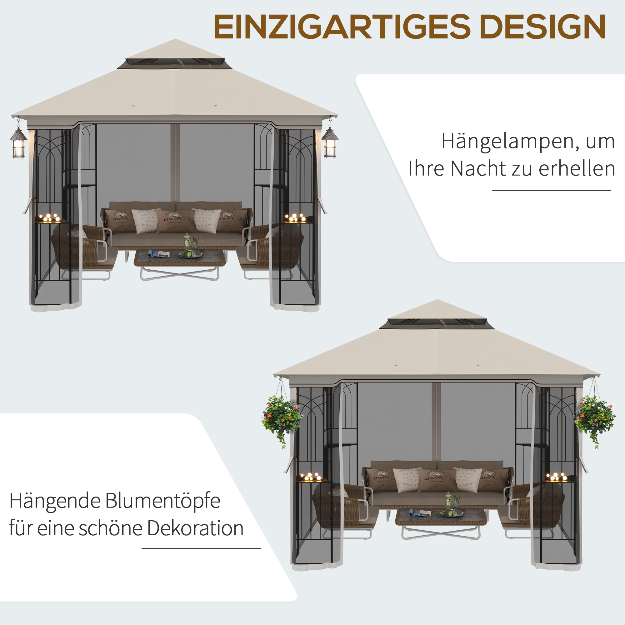 Gartenpavillon mit Doppeldach Pavillon Gartenzelt Festzelt Partyzelt mit 4 x Seitenwand Metall+Polyester Beige 2,99 x 2,99 x 2,74 m