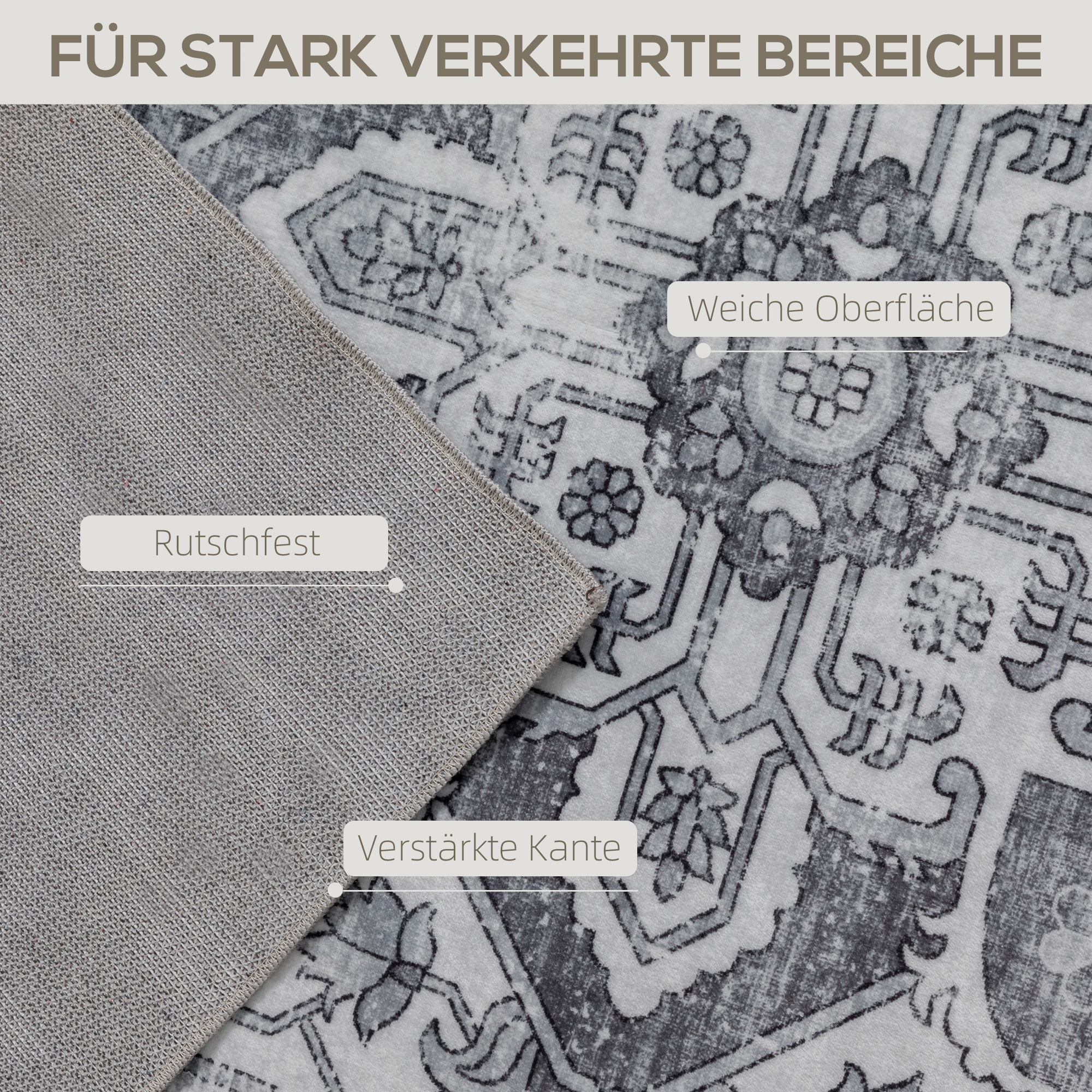 Teppich Maschinenwaschbar Anti-Rutsch Wohnzimmerteppich mit Flanell-Optik, 230 x 160cm, Grau