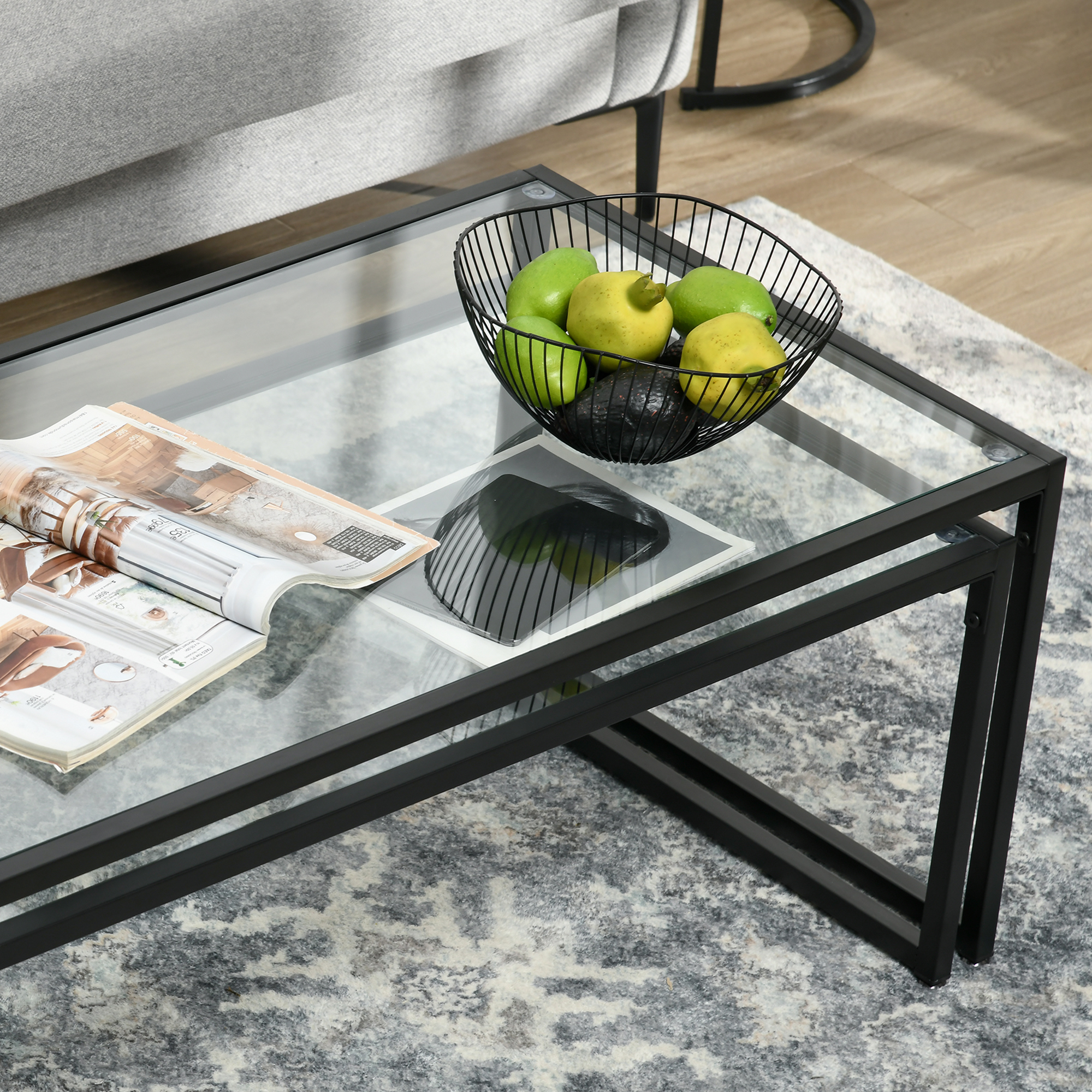 2er-Set Couchtische, Glastische, mit pulverbeschichtetem Stahl, Schwarz + Transparent