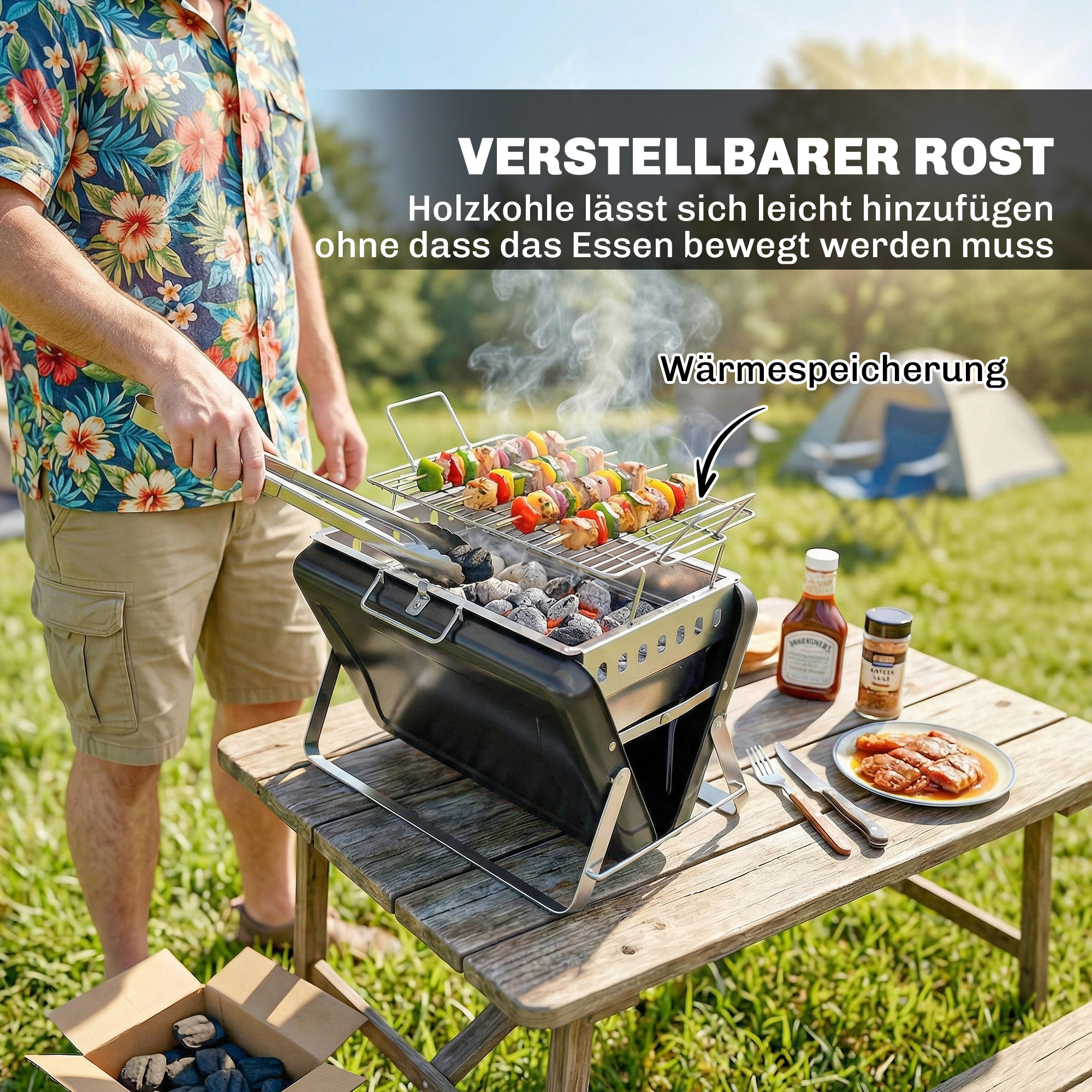 Holzkohlegrill aus Edelstahl BBQ Smoker mit Grillrost Griff klappbaren Beinen für Barbeque Camping 40x28x25,5cm Schwarz
